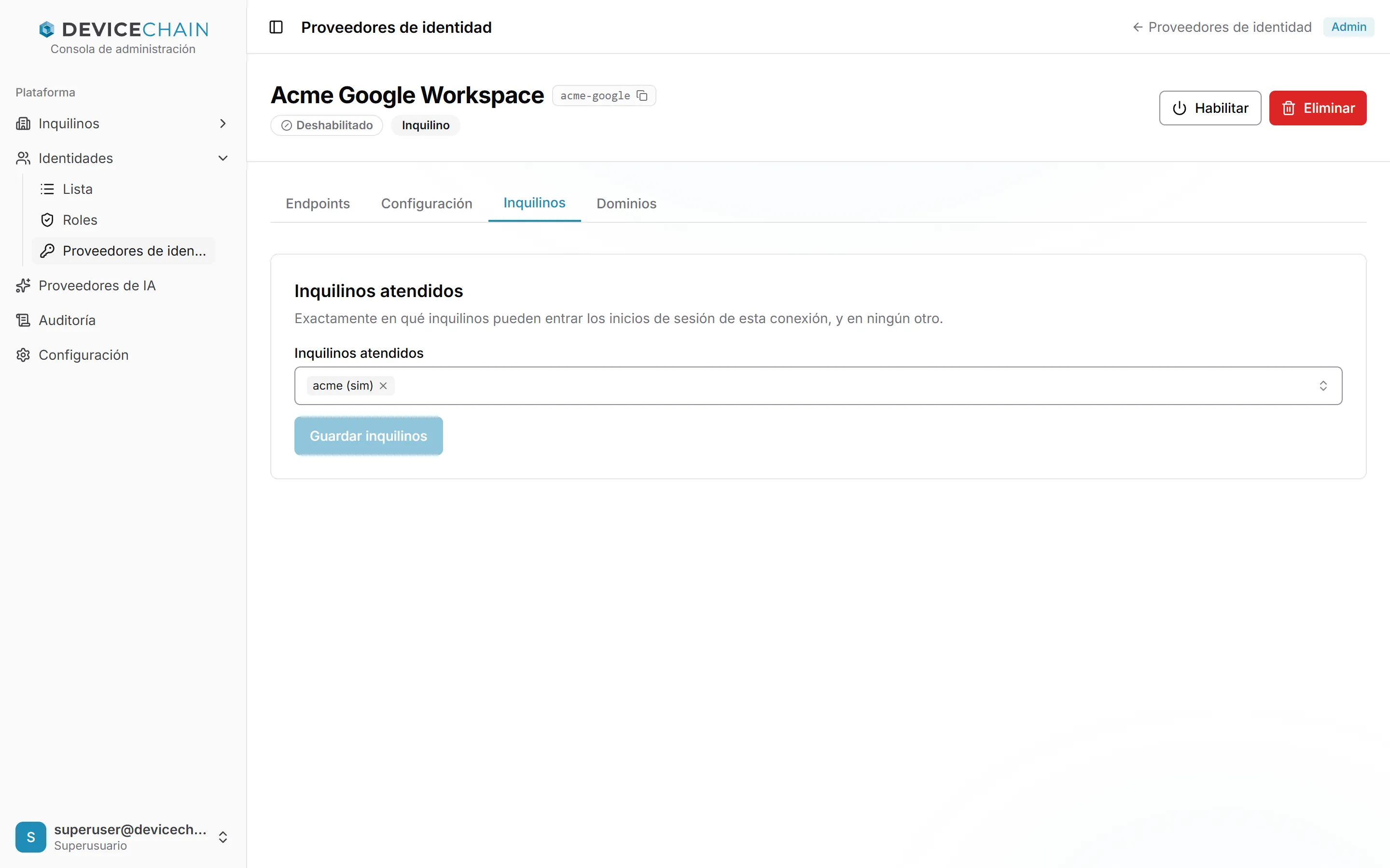 La pestaña Inquilinos de Acme Google Workspace. Bajo Inquilinos atendidos, el selector contiene acme (sim). El botón Guardar inquilinos está en gris porque no ha cambiado nada.
