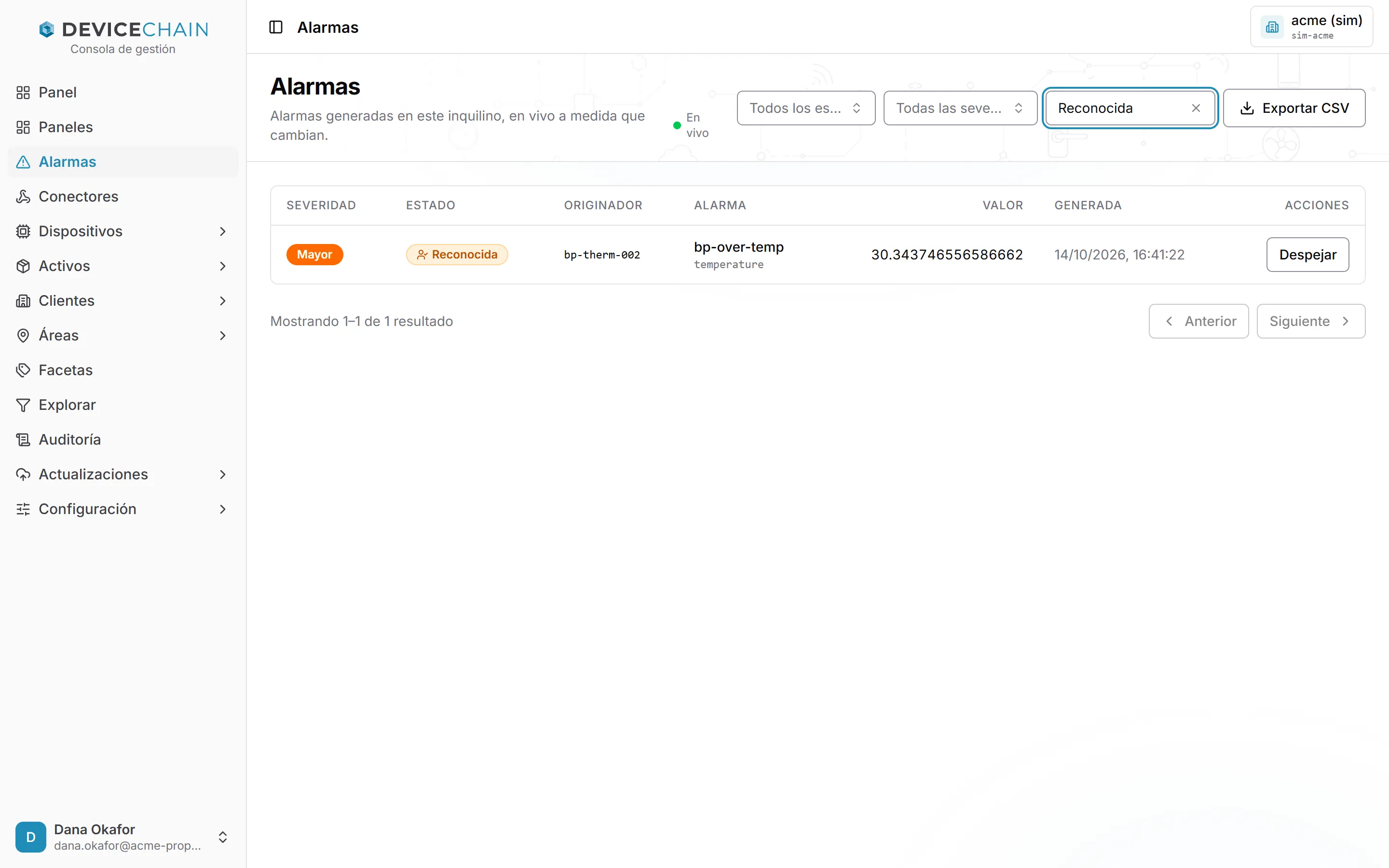 La página Alarmas filtrada por Reconocida, con una sola alarma Mayor, bp-over-temp en bp-therm-011, en estado Reconocida y con un botón Despejar. Mostrando 1–1 de 1 resultado.