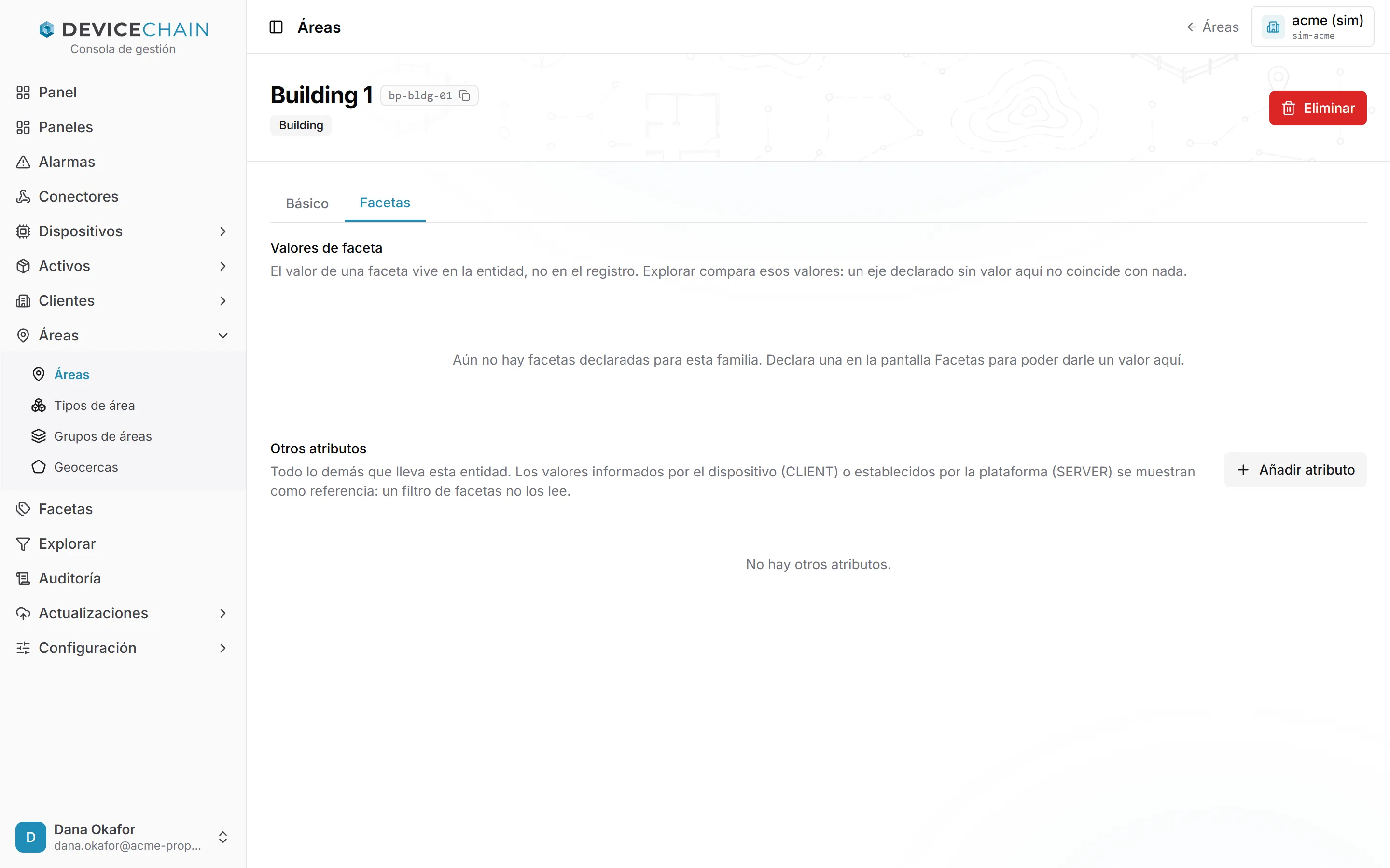 La pestaña Facetas del área Building 1, con la misma disposición: no hay facetas declaradas para la familia de áreas ni otros atributos.