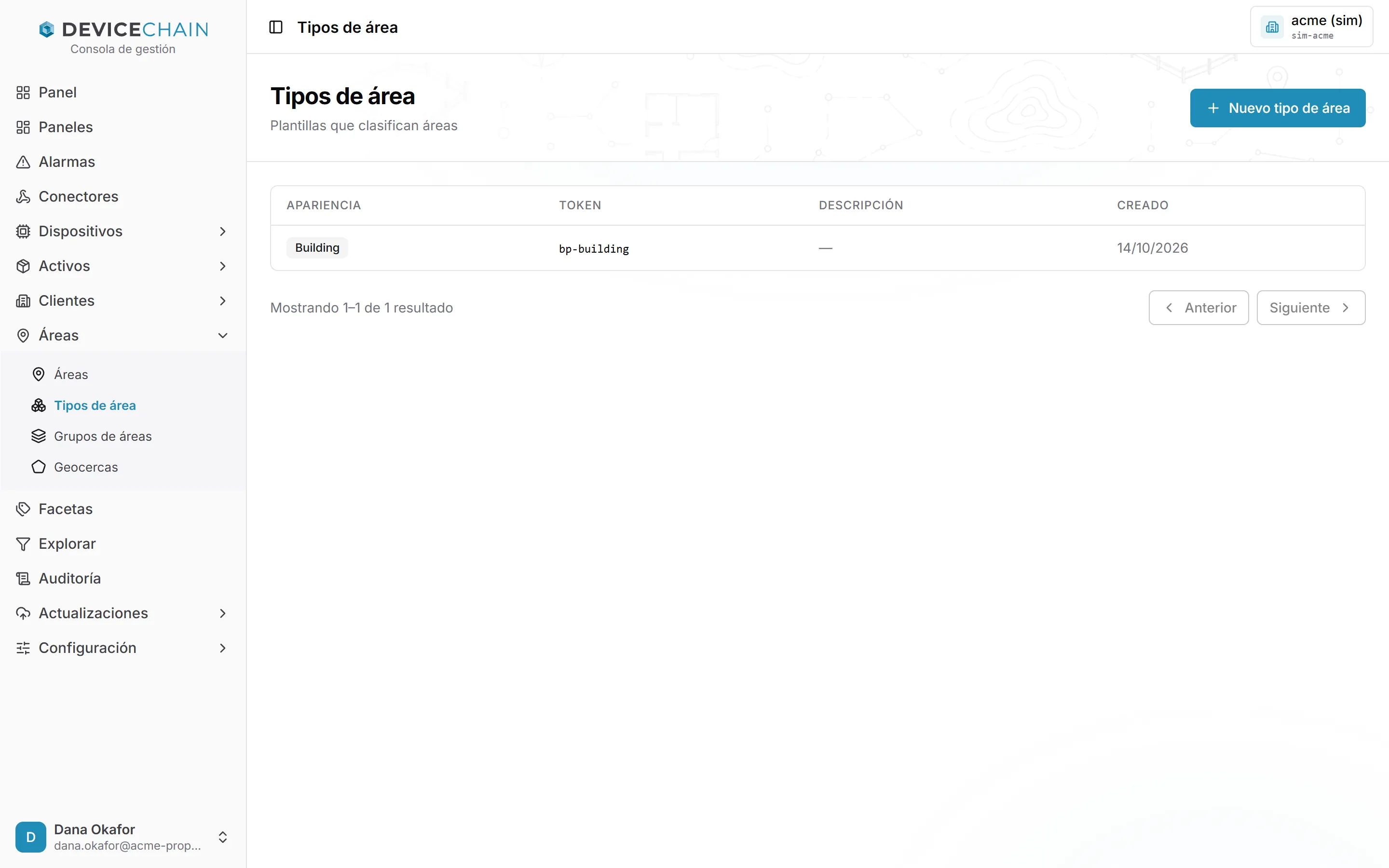 La lista Tipos de área con un tipo, Building, de token bp-building. Arriba a la derecha está el botón Nuevo tipo de área.