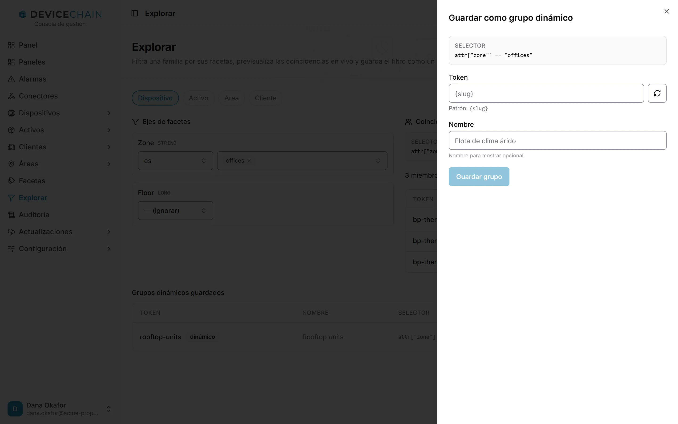 El panel Guardar como grupo dinámico, con el selector attr zone igual a offices, un campo Token con un botón para generarlo, un campo Nombre opcional y el botón Guardar grupo.