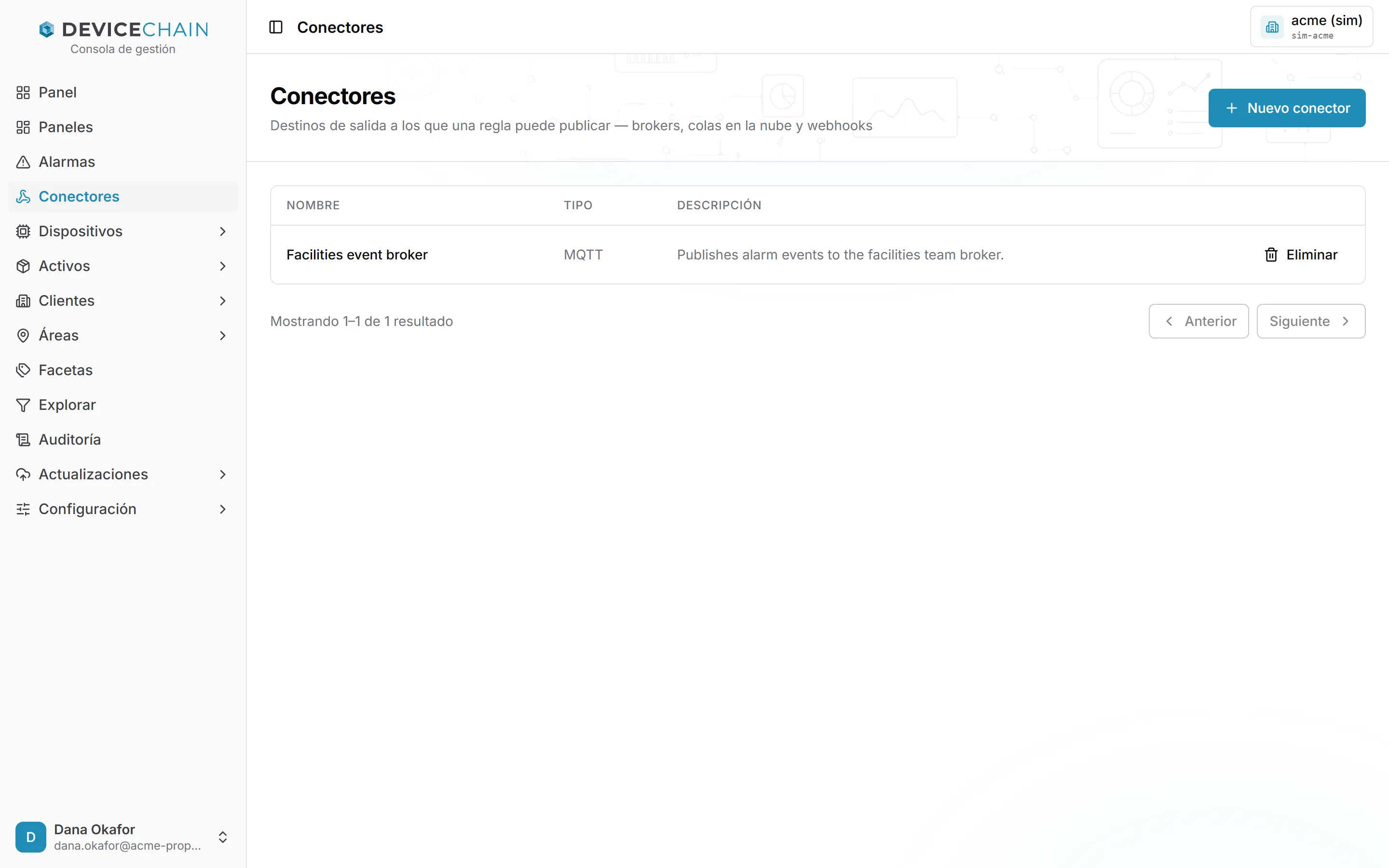 La lista Conectores con un conector, Facilities event broker, de tipo MQTT, descrito como el que publica eventos de alarma en el broker del equipo de instalaciones. La fila tiene la acción Eliminar, y arriba a la derecha está el botón Nuevo conector.