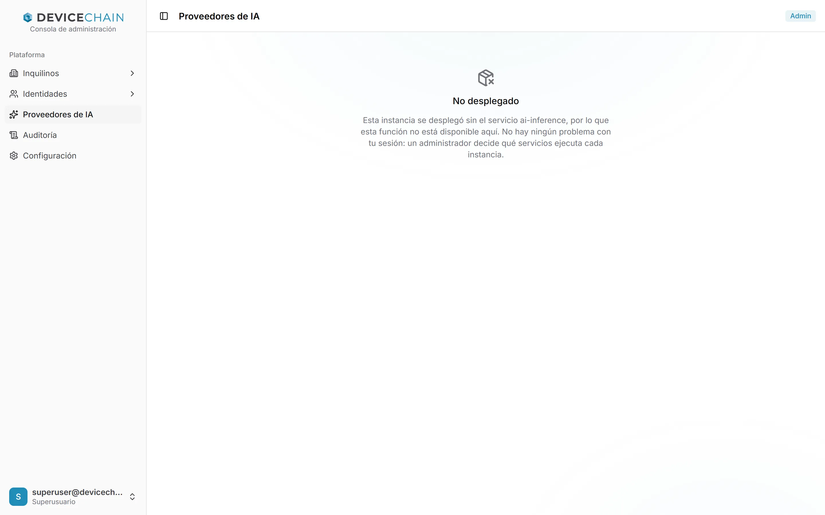 La página Proveedores de IA de la consola de administración con un estado vacío titulado 'No desplegado'. El texto explica que la instancia se desplegó sin el servicio ai-inference, por lo que la función no está disponible, que no hay ningún problema con la sesión y que un administrador decide qué servicios ejecuta cada instancia.
