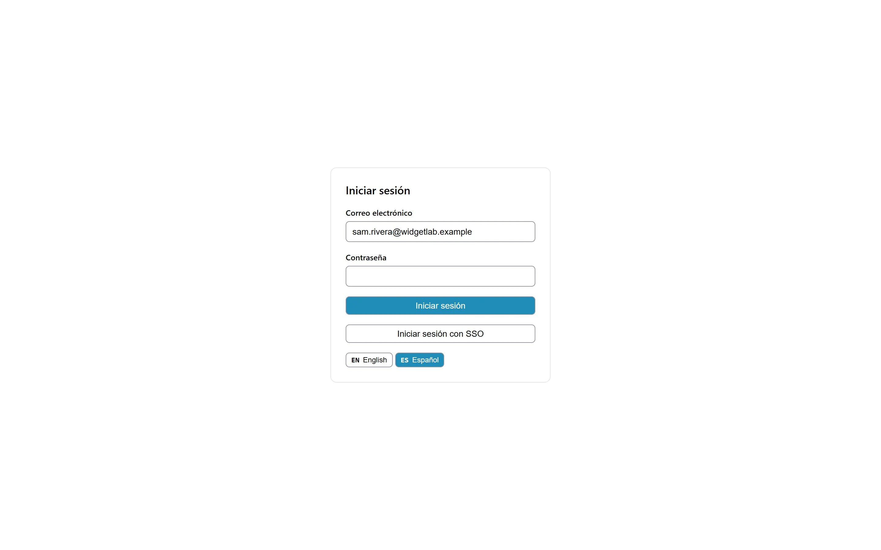 La tarjeta de inicio de sesión de /dash con un campo de correo que contiene sam.rivera@widgetlab.example, un campo de contraseña vacío, un botón para iniciar sesión, otro para iniciar sesión con SSO y los botones de idioma EN English y ES Español.