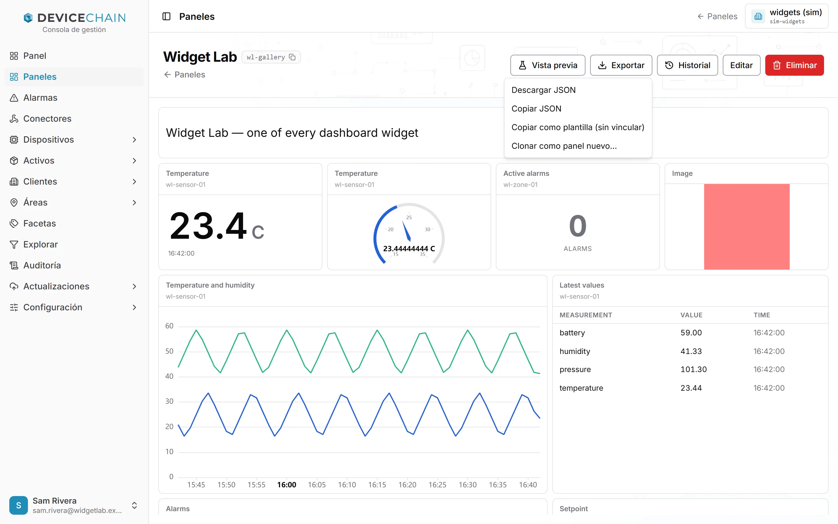 El menú Exportar abierto en el panel Widget Lab, con las opciones Descargar JSON, Copiar JSON, Copiar como plantilla (sin vincular) y Clonar como panel nuevo….