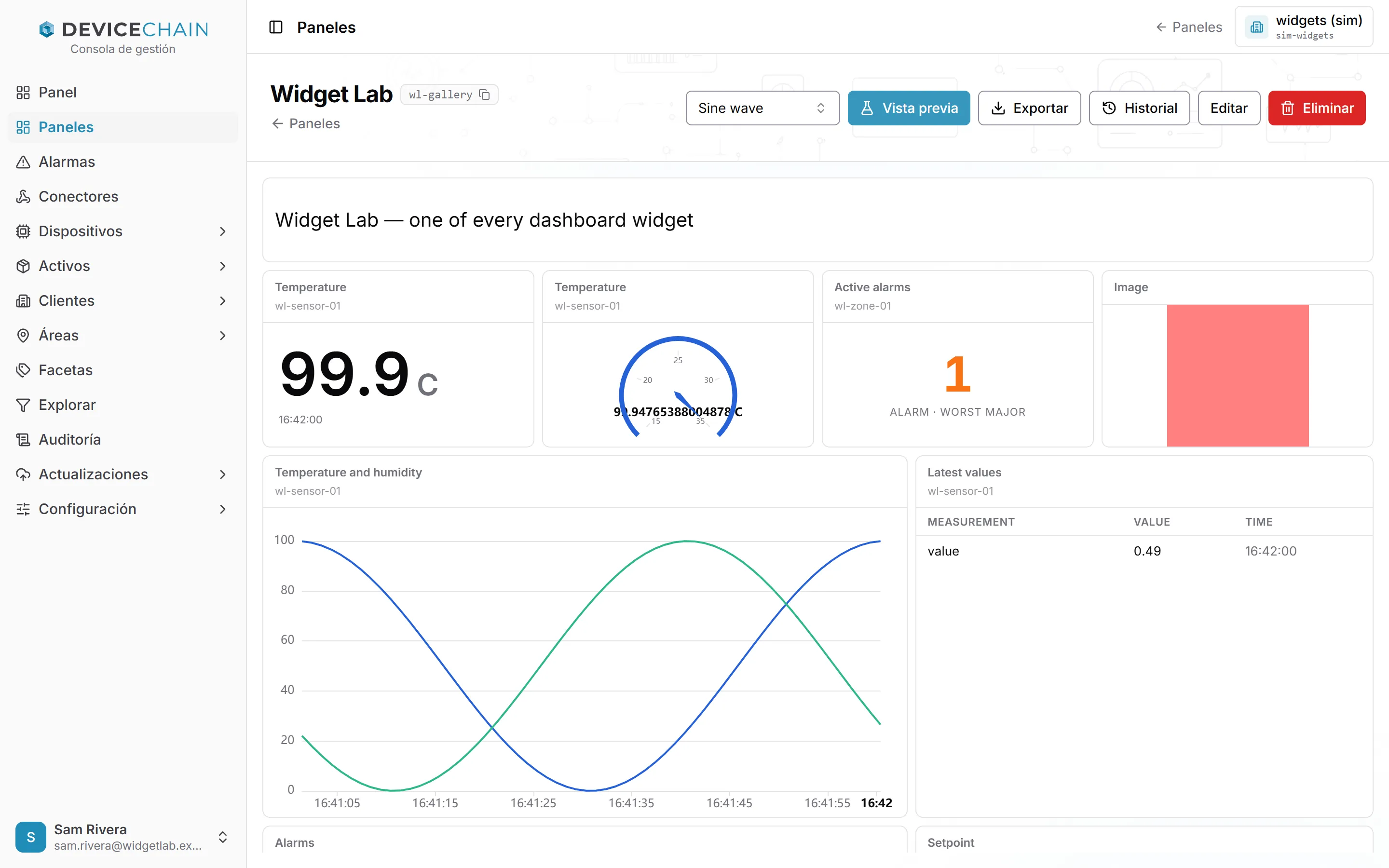 El panel Widget Lab en modo de vista previa, con el selector de generador en Sine wave y el botón Vista previa resaltado. El gráfico muestra curvas sinusoidales suaves, el recuento de alarmas muestra 1 alarma de severidad mayor y las tarjetas y el indicador muestran valores generados.