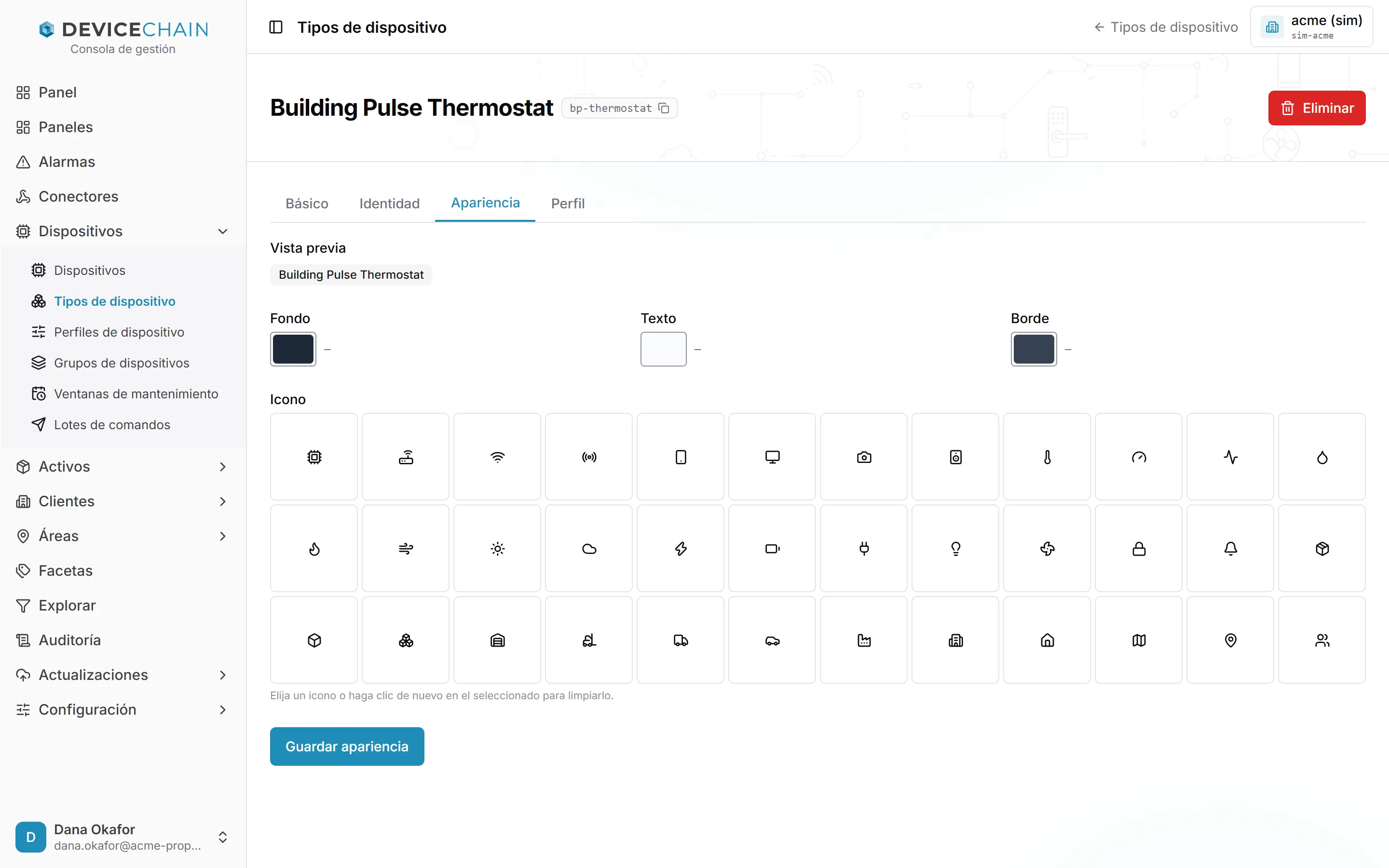 La pestaña Apariencia. Una Vista previa muestra la etiqueta del tipo, Building Pulse Thermostat. Debajo hay tres selectores de color, Fondo, Texto y Borde, cada uno con un guion al lado porque no tiene color asignado, y una cuadrícula de Icono con 36 iconos, ninguno seleccionado. Una indicación explica que se elige un icono o se vuelve a hacer clic en el seleccionado para quitarlo. Al final hay un botón Guardar apariencia.