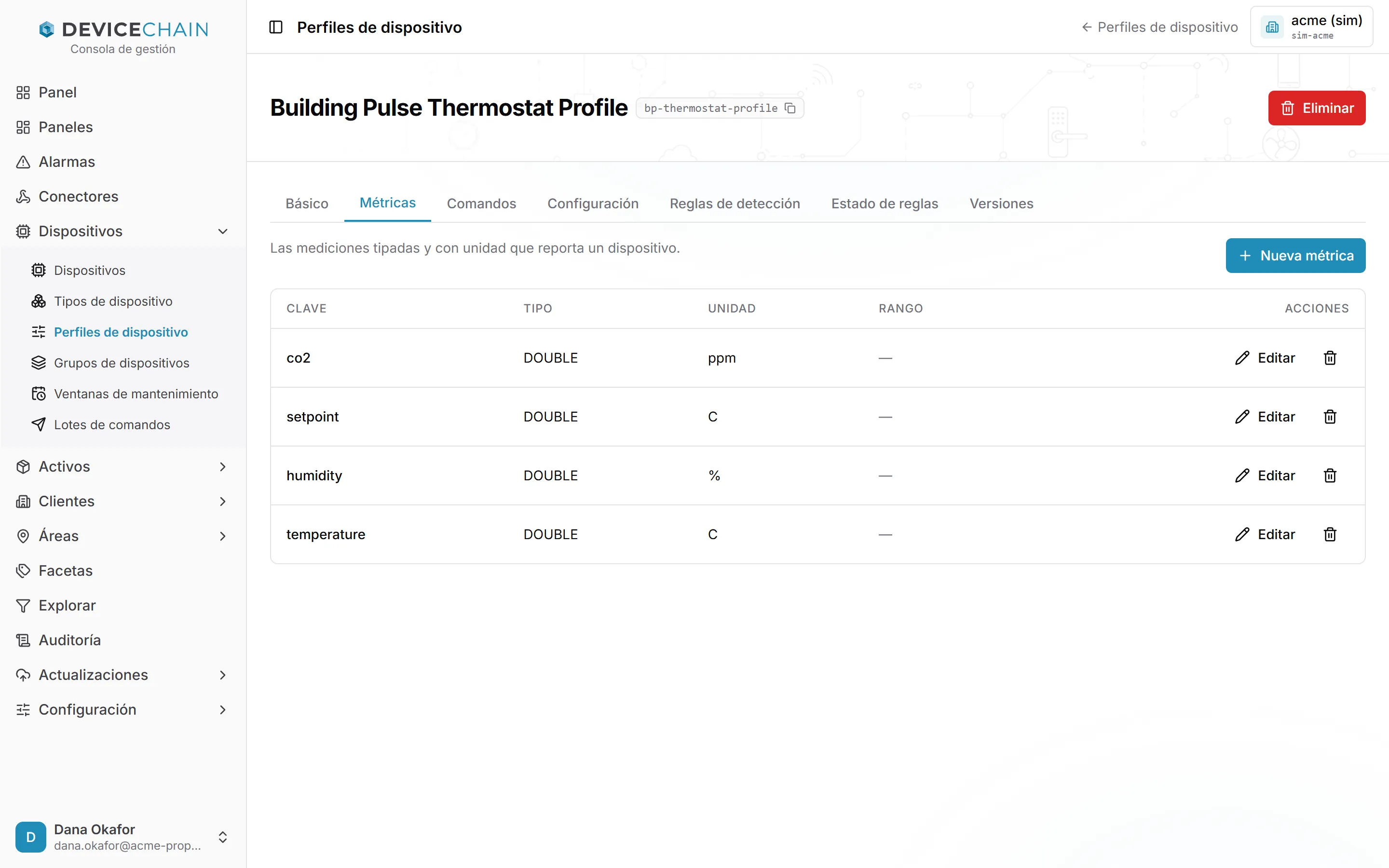 La página del perfil Building Pulse Thermostat Profile, token bp-thermostat-profile, con las pestañas Básico, Métricas, Comandos, Configuración, Reglas de detección, Estado de reglas y Versiones. La pestaña Métricas está abierta con un botón Nueva métrica. Una tabla enumera co2 (DOUBLE, ppm), setpoint (DOUBLE, C), humidity (DOUBLE, %) y temperature (DOUBLE, C), cada una con botones para editar y eliminar.