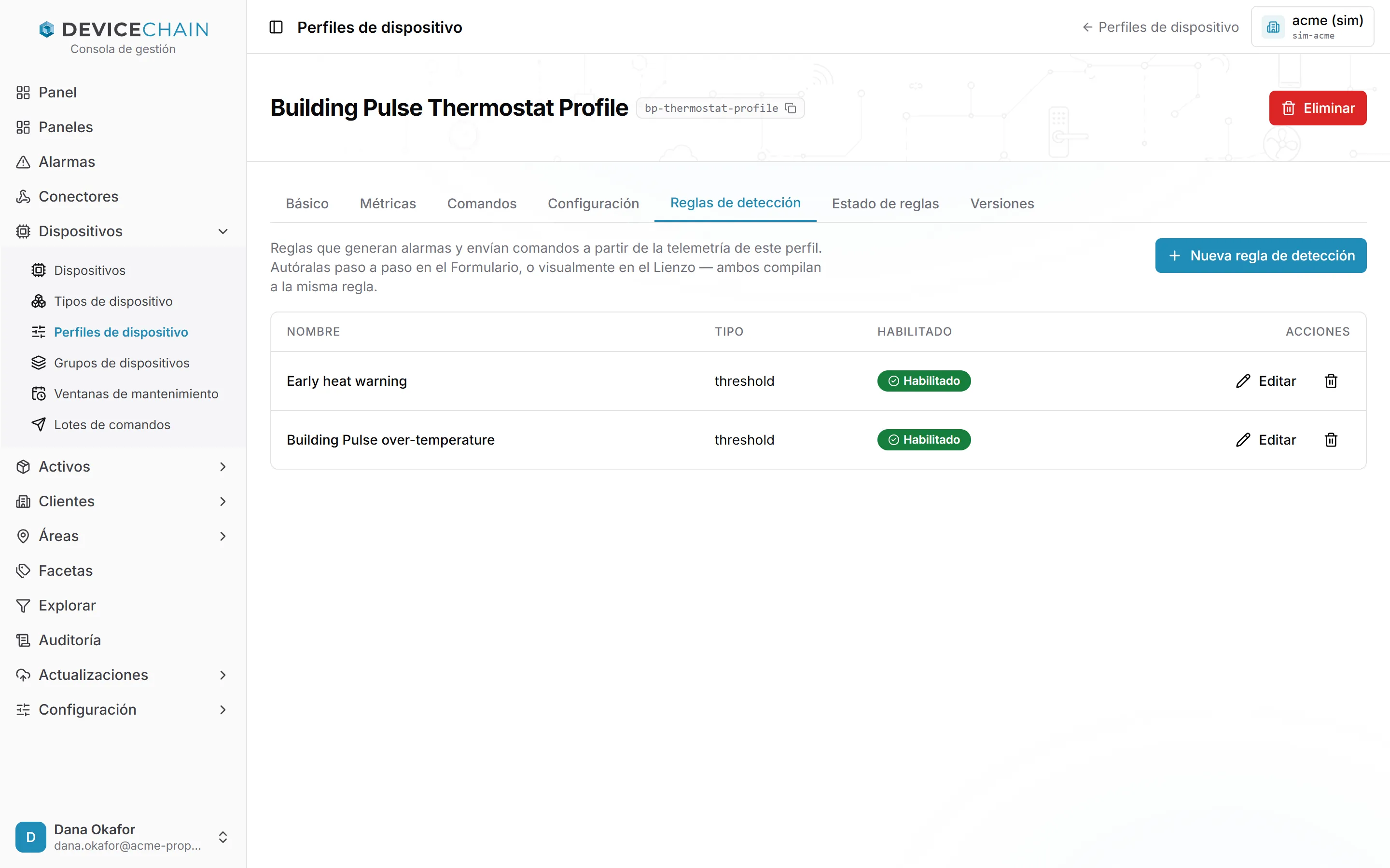 La pestaña Reglas de detección del perfil Building Pulse Thermostat Profile, con dos reglas de umbral habilitadas, Early heat warning y Building Pulse over-temperature, cada una con las acciones Editar y eliminar, y un botón Nueva regla de detección.