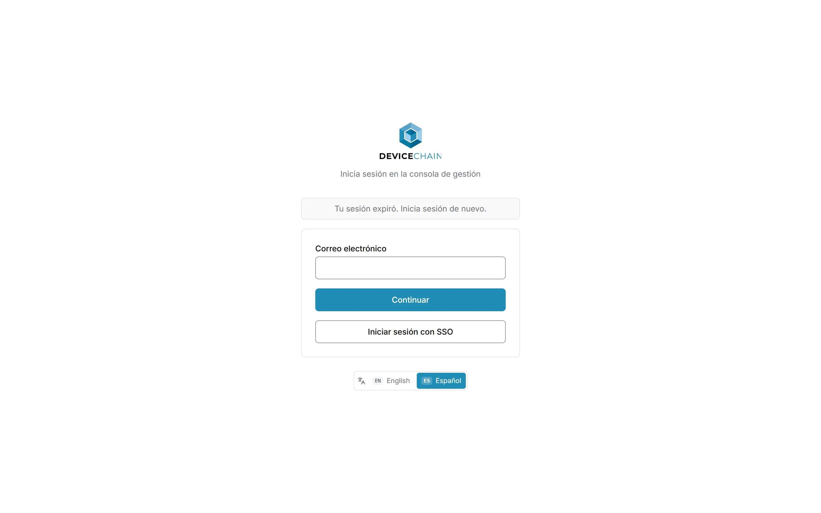 La página de inicio de sesión con un aviso sobre la tarjeta que dice 'Tu sesión expiró. Inicia sesión de nuevo.' El campo Correo electrónico está vacío.