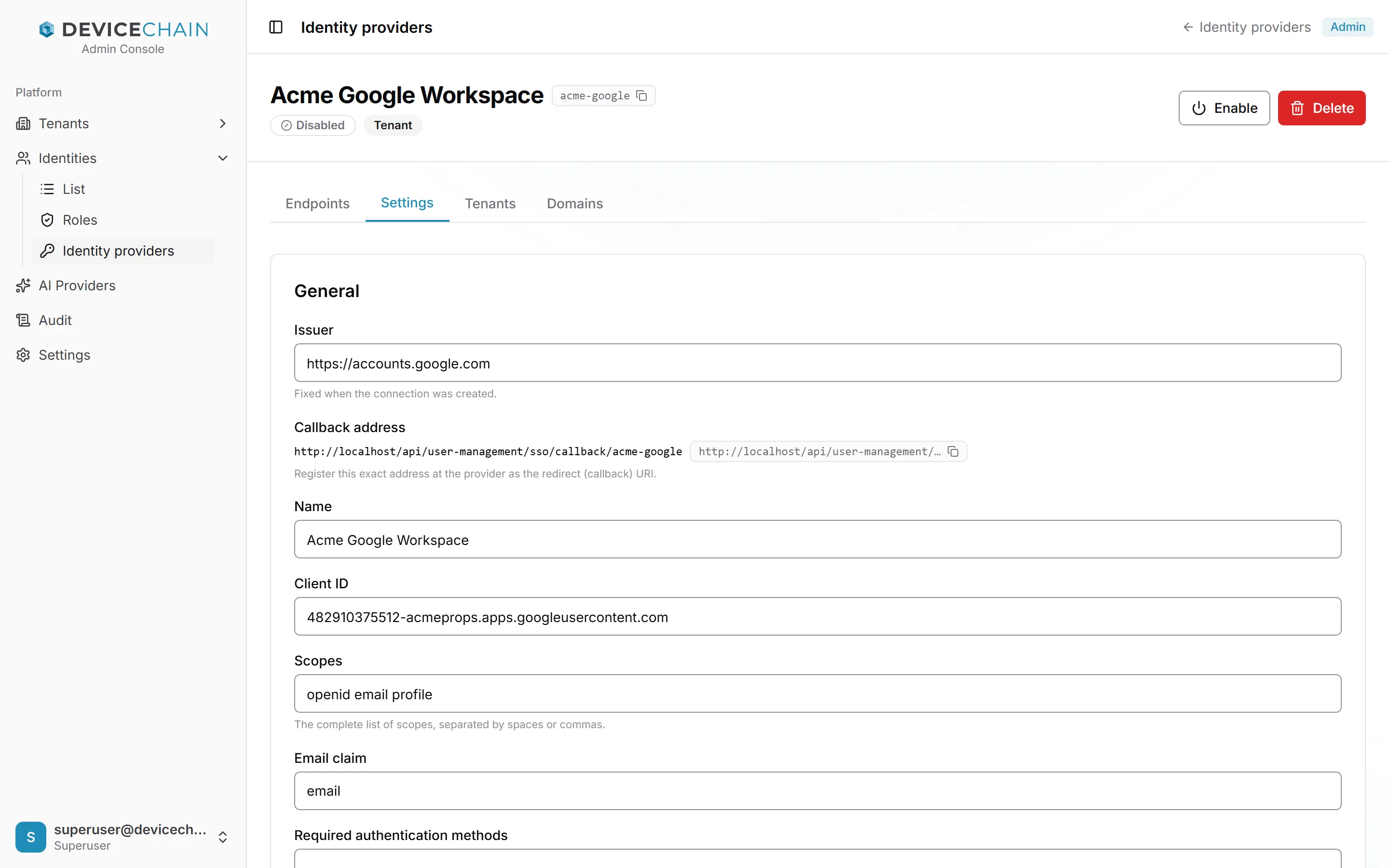 The Settings tab of Acme Google Workspace. Under General: Issuer https://accounts.google.com, fixed when the connection was created; the Callback address http://localhost/api/user-management/sso/callback/acme-google with a copy button; Name Acme Google Workspace; a Client ID ending in apps.googleusercontent.com; Scopes openid email profile; Email claim email; and the start of Required authentication methods.