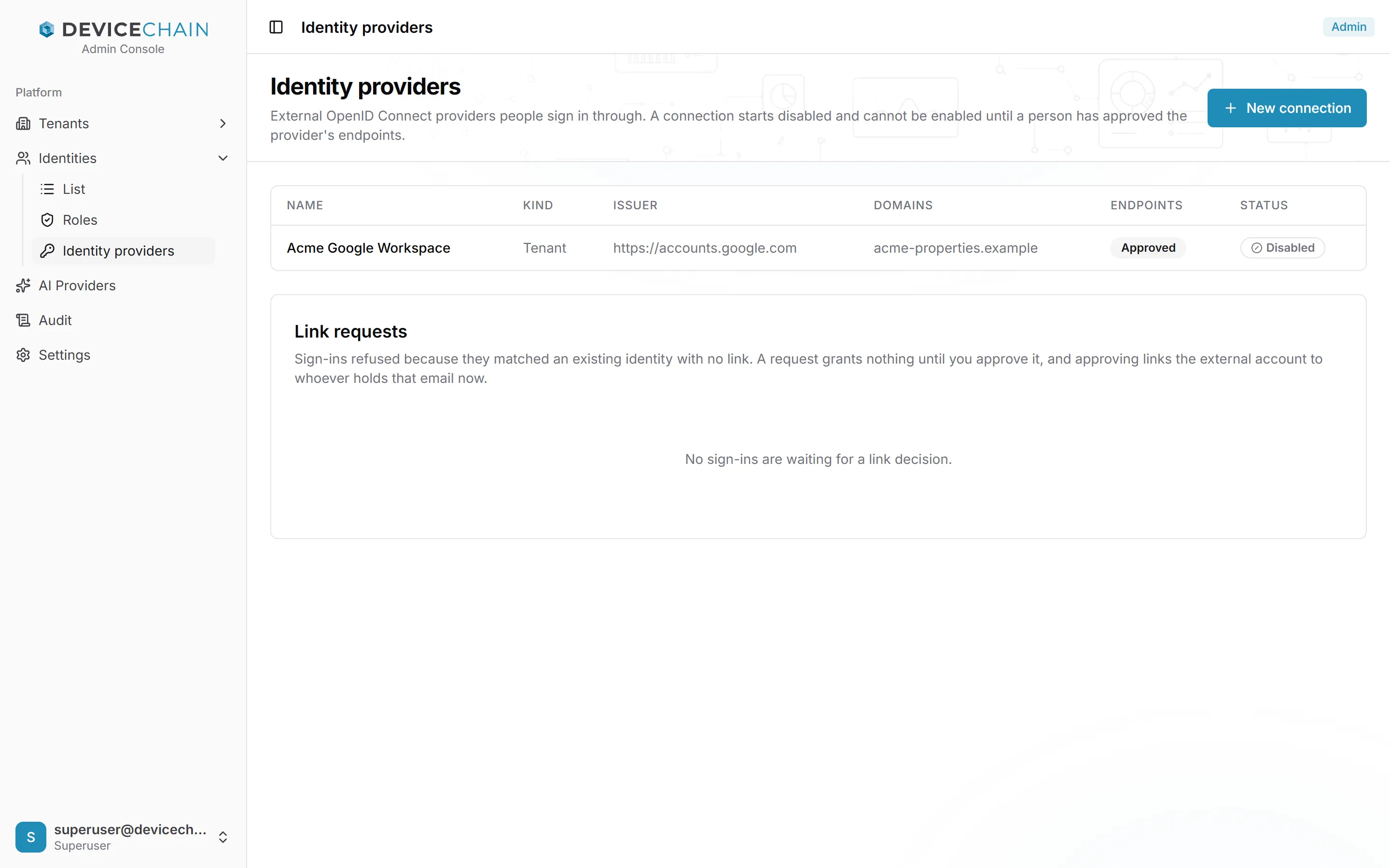 The Identity providers page with one connection: Acme Google Workspace, kind Tenant, issuer https://accounts.google.com, domain acme-properties.example, endpoints Approved, status Disabled. Below, the Link requests panel explains refused sign-ins and reads No sign-ins are waiting for a link decision. A New connection button is at the top right.