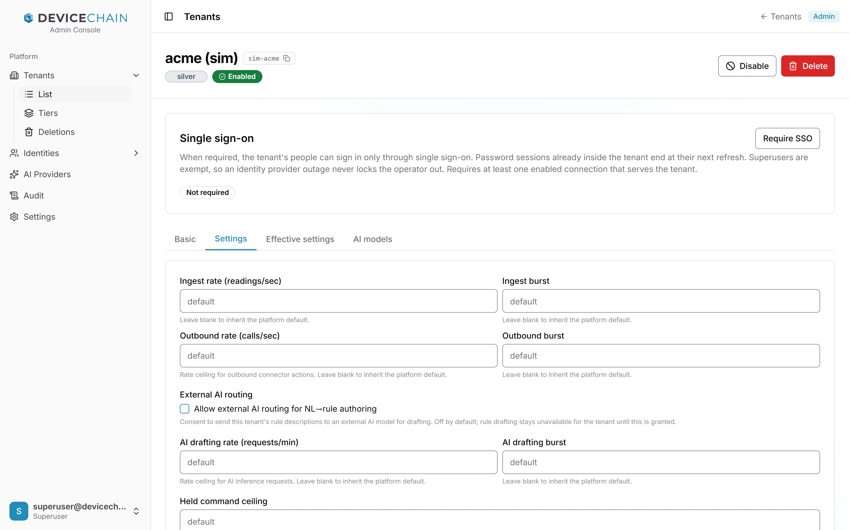 The Settings tab of acme (sim): Ingest rate (readings/sec), Ingest burst, Outbound rate (calls/sec) and Outbound burst, all reading default; the External AI routing checkbox Allow external AI routing for NL→rule authoring, unticked; AI drafting rate (requests/min) and AI drafting burst; and the start of Held command ceiling.