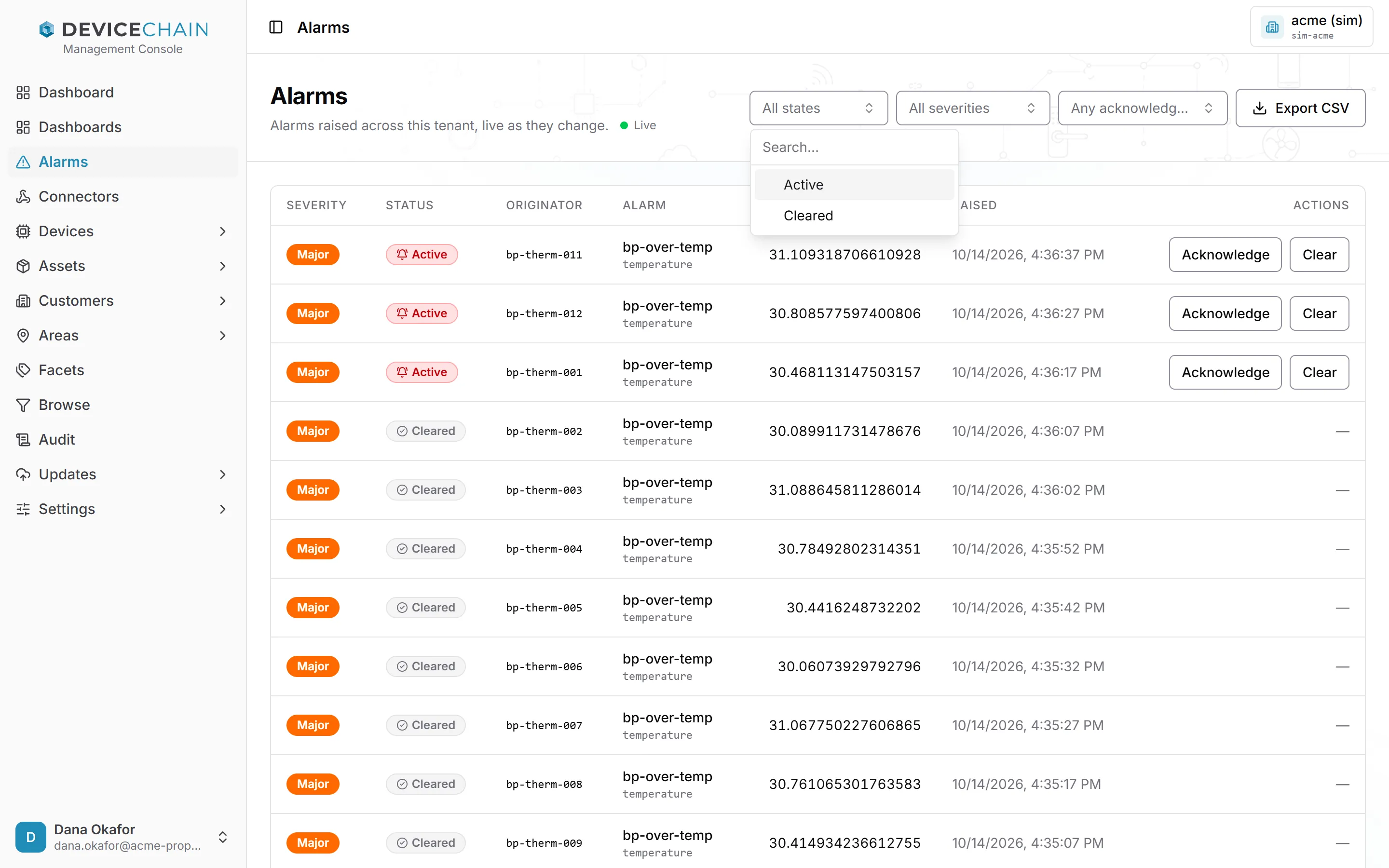 The Alarms page with the state filter open, offering Active and Cleared, above the alarm list.