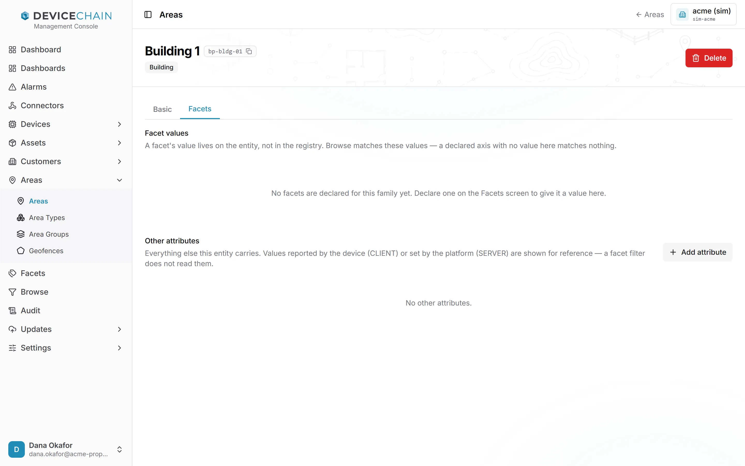 The Facets tab of the area Building 1, with the same layout: no facets declared for the area family, and no other attributes.