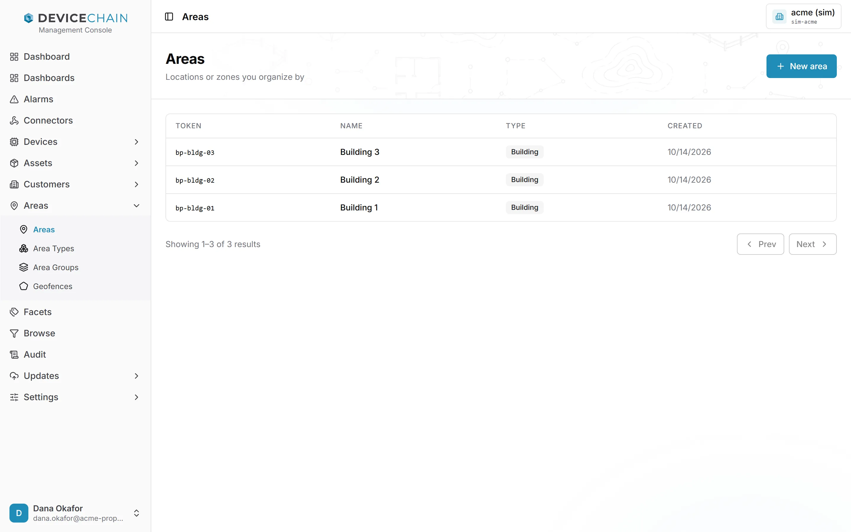 The Areas list with three buildings, each of the Building area type. The expanded Areas menu shows Areas, Area Types, Area Groups and Geofences.