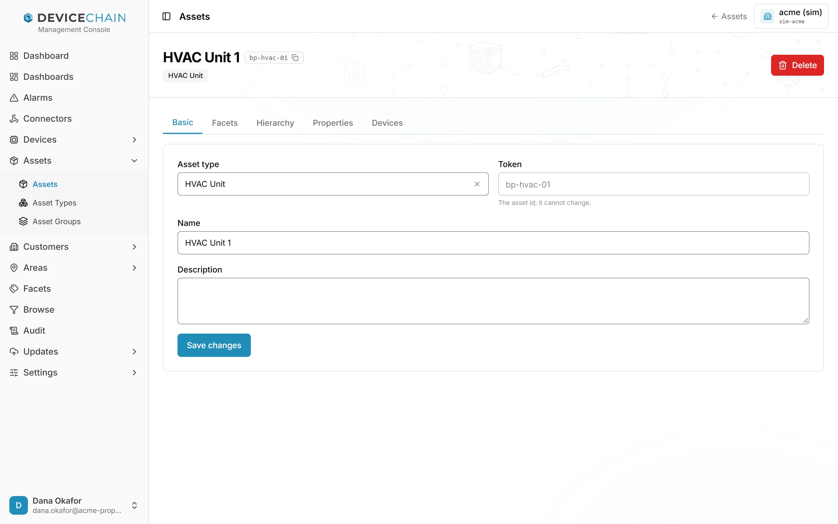 The detail page of HVAC Unit 1, on the Basic tab: Asset type HVAC Unit, a read-only Token with the note that the asset id cannot change, Name, Description and a Save changes button. Tabs for Facets, Hierarchy, Properties and Devices sit beside Basic.