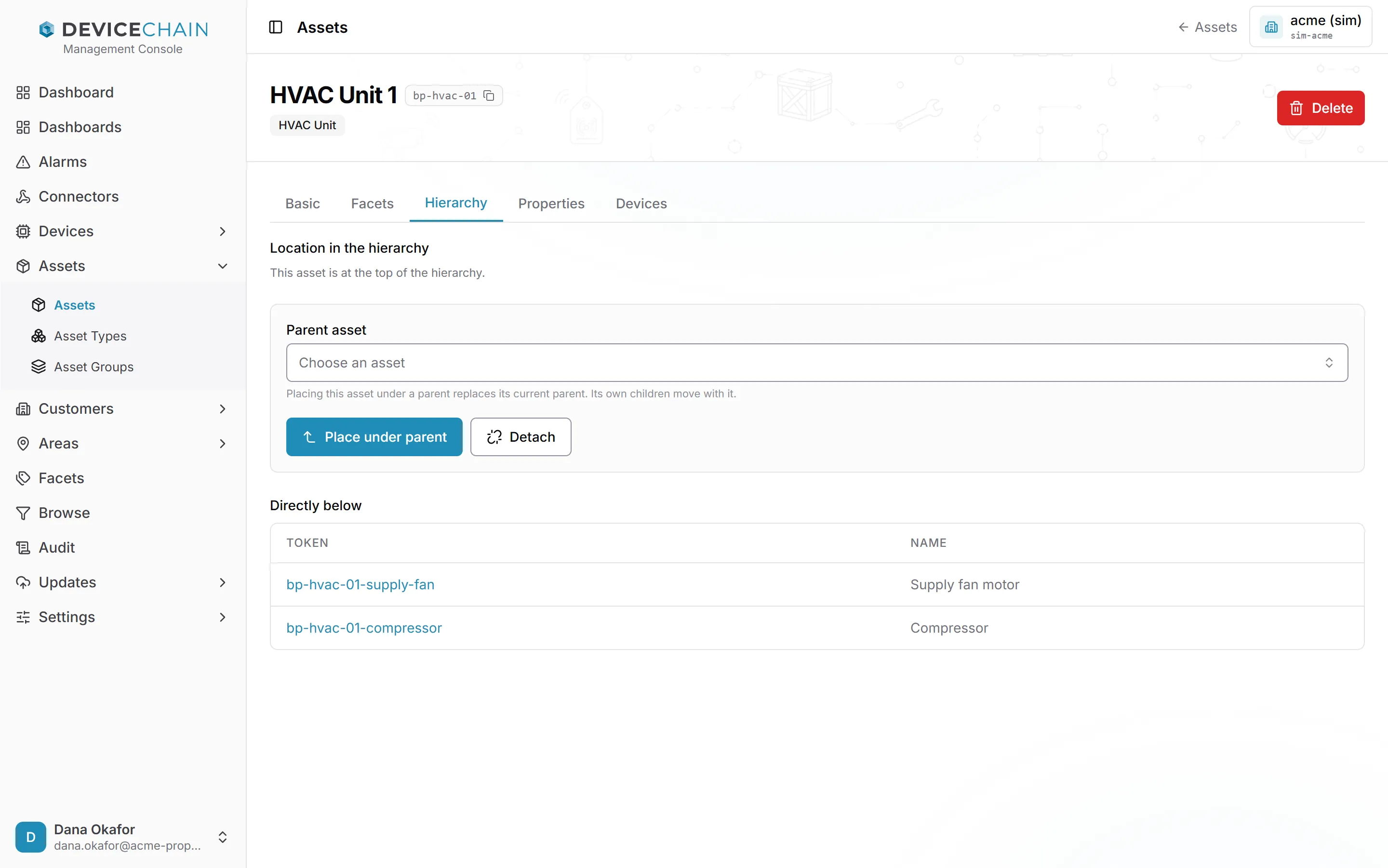 The Hierarchy tab of HVAC Unit 1. It says the asset is at the top of the hierarchy, offers a Parent asset picker with Place under parent and Detach buttons, and lists two assets directly below it: the supply fan and the compressor.