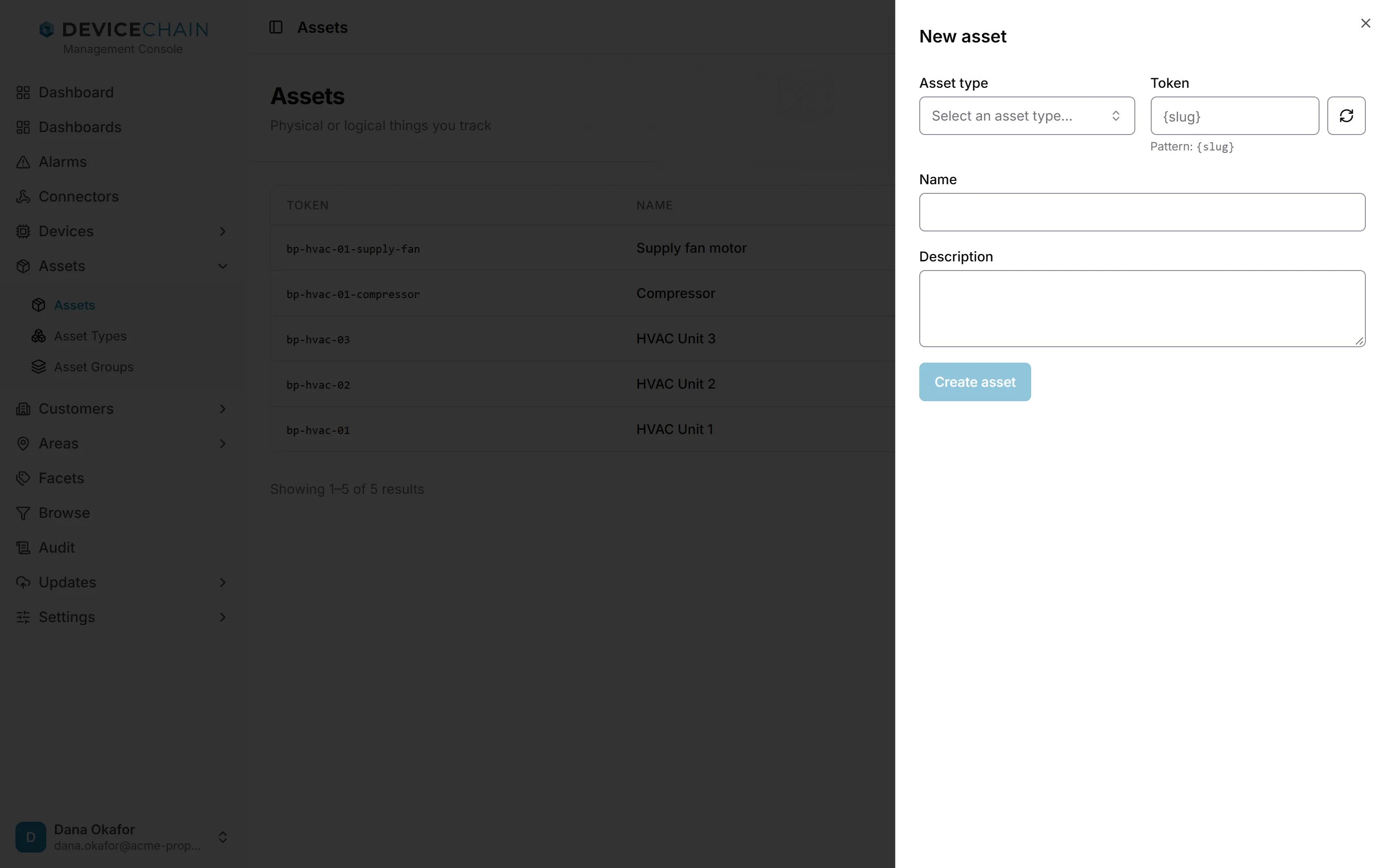 The New asset drawer, with an Asset type picker, a Token field showing the pattern {slug} and a button to generate a token, Name and Description fields, and a Create asset button.