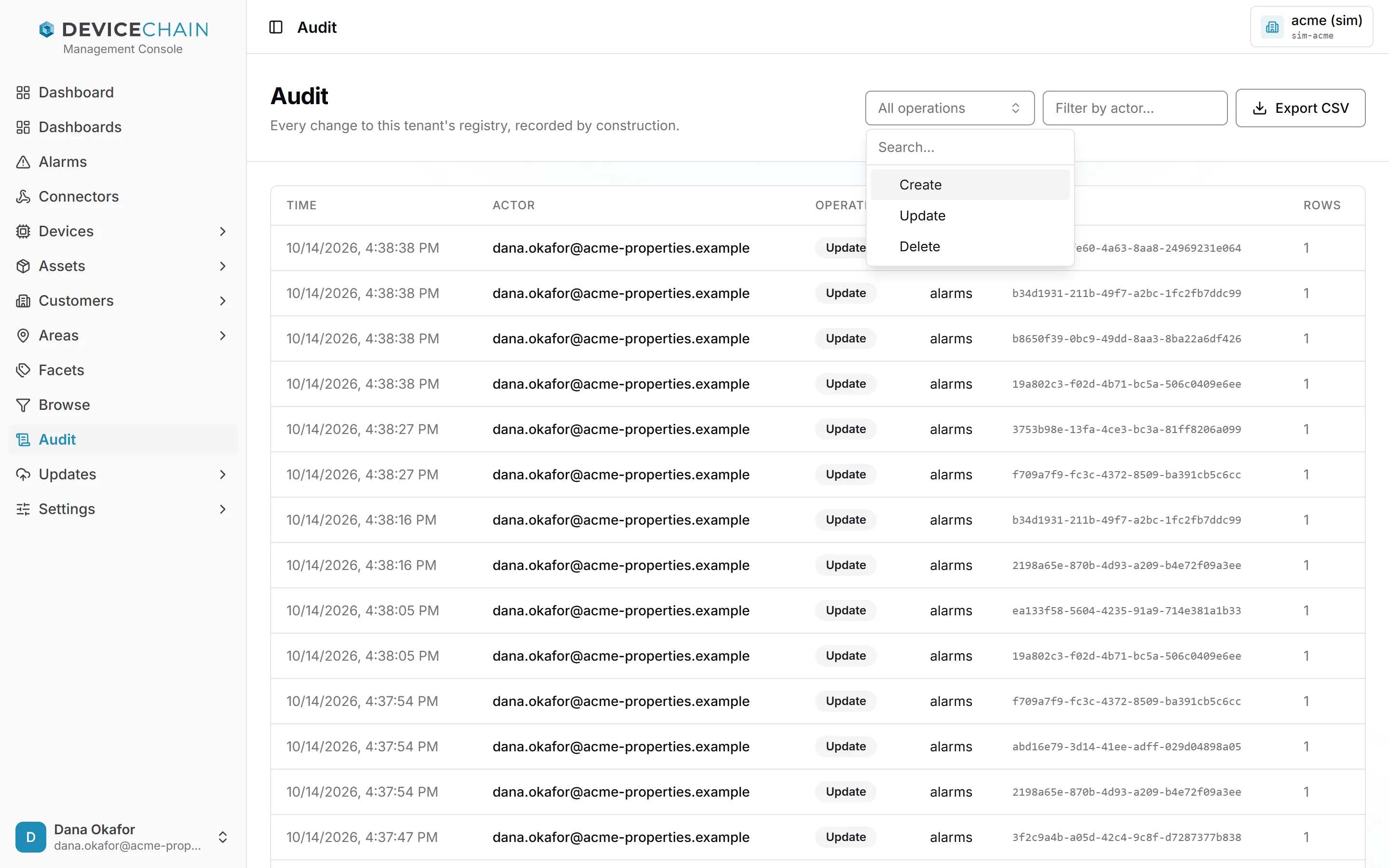 The Audit screen with the operation picker open, offering Create, Update and Delete. The journal below shows Update rows on the alarms table.