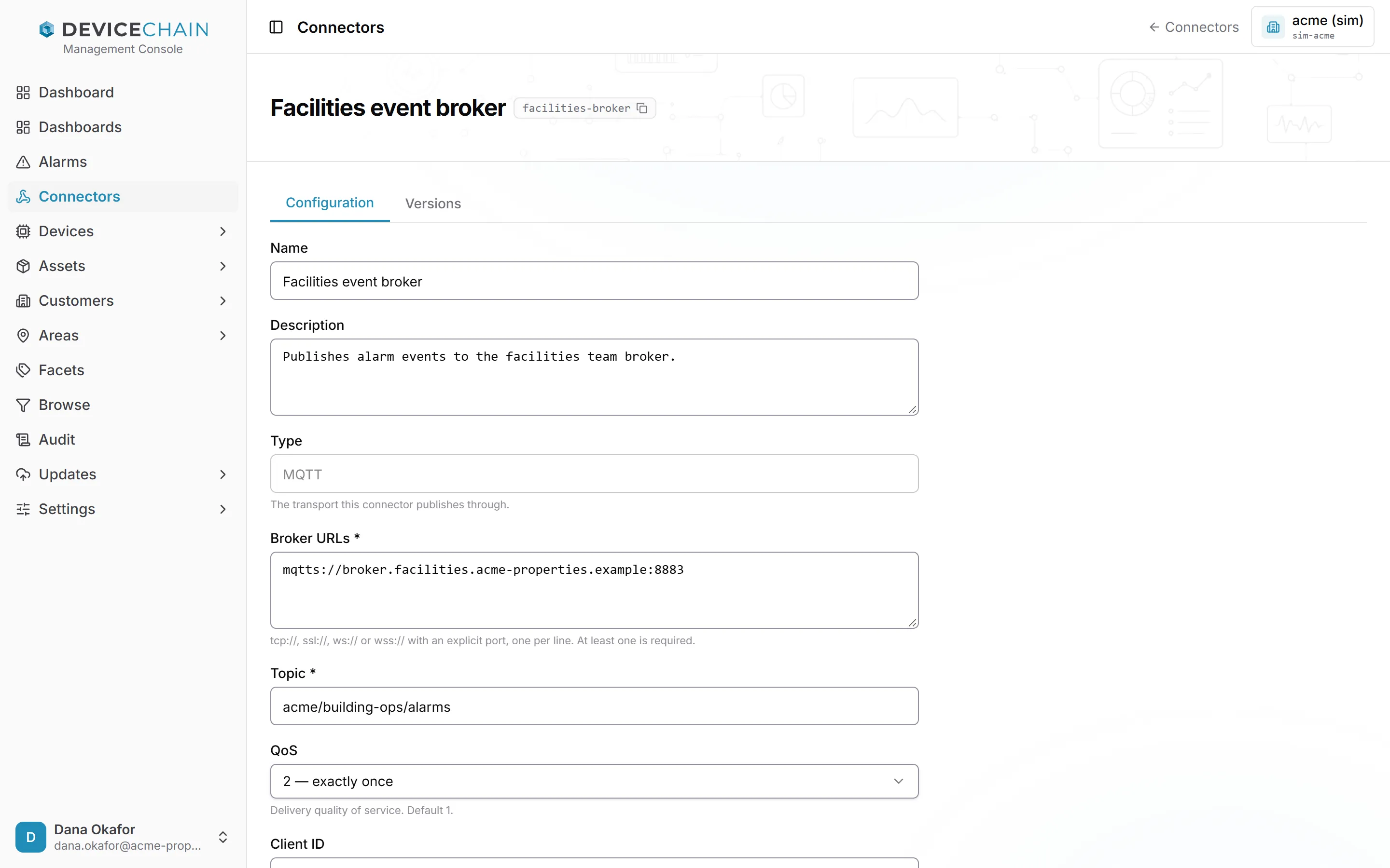 The Configuration tab of the Facilities event broker connector: Name, Description, a read-only Type of MQTT, Broker URLs with one mqtts address on port 8883, Topic acme/building-ops/alarms, and QoS set to 2, exactly once.