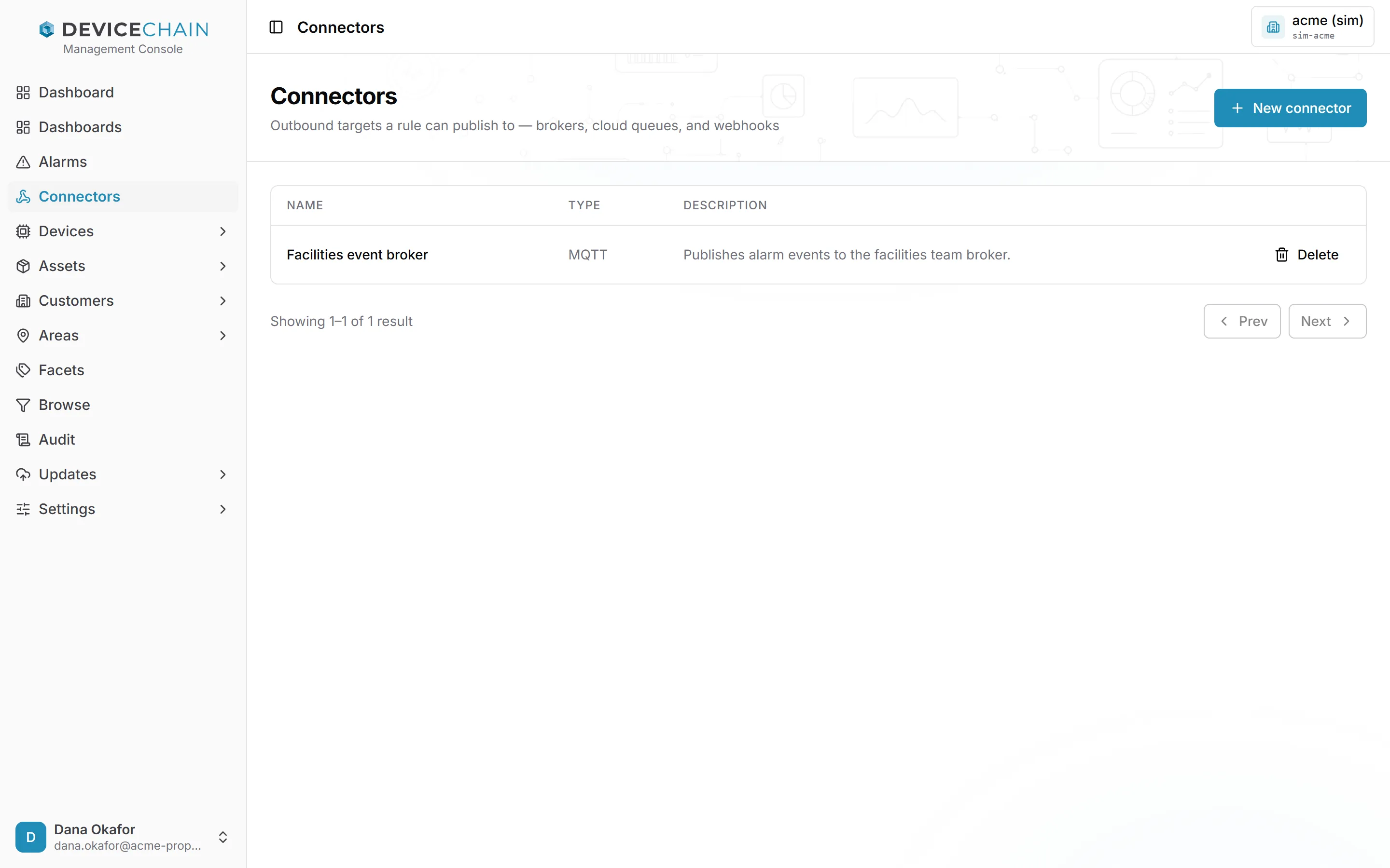 The Connectors list with one connector, Facilities event broker, of type MQTT, described as publishing alarm events to the facilities team broker. The row has a Delete action, and a New connector button is at the top right.
