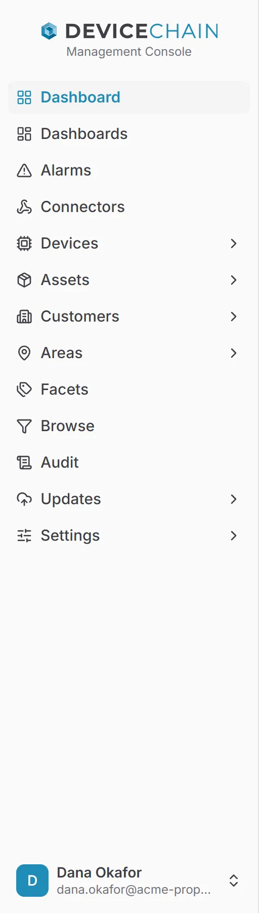 The console sidebar. Under the DeviceChain logo and the words Management Console it lists Dashboard, Dashboards, Alarms, Connectors, Devices, Assets, Customers, Areas, Facets, Browse, Audit, Updates and Settings. Devices, Assets, Customers, Areas, Updates and Settings have an arrow showing they open a sub-menu. The signed-in user's name and email are at the bottom.