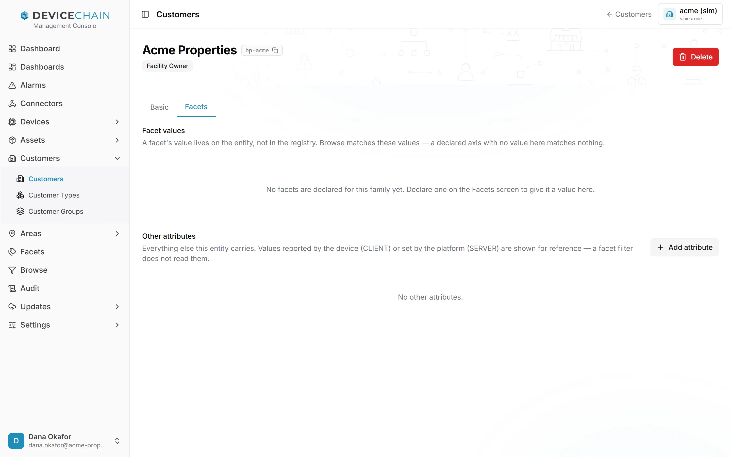 The Facets tab of the customer Acme Properties. Under Facet values, a note says no facets are declared for this family yet. Under Other attributes, an Add attribute button and the note No other attributes.