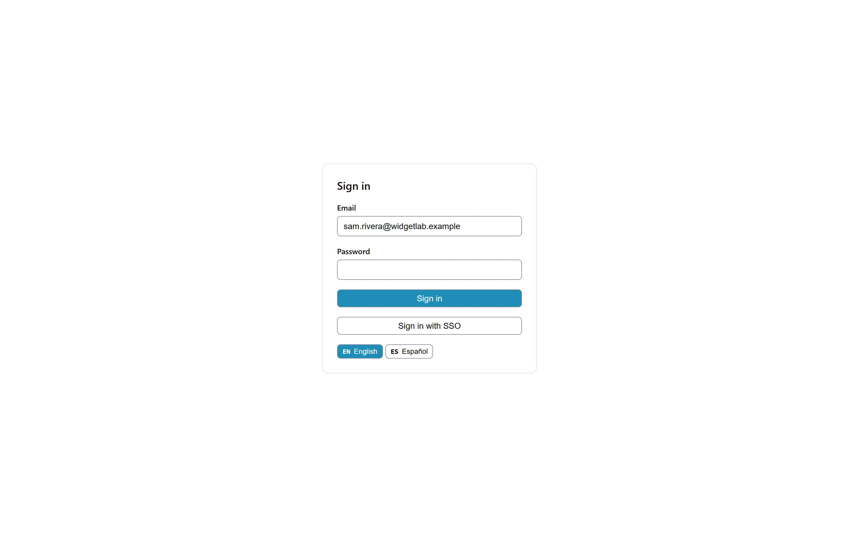 The /dash sign-in card with an Email field holding sam.rivera@widgetlab.example, an empty Password field, a Sign in button, a Sign in with SSO button, and EN English and ES Español language buttons.