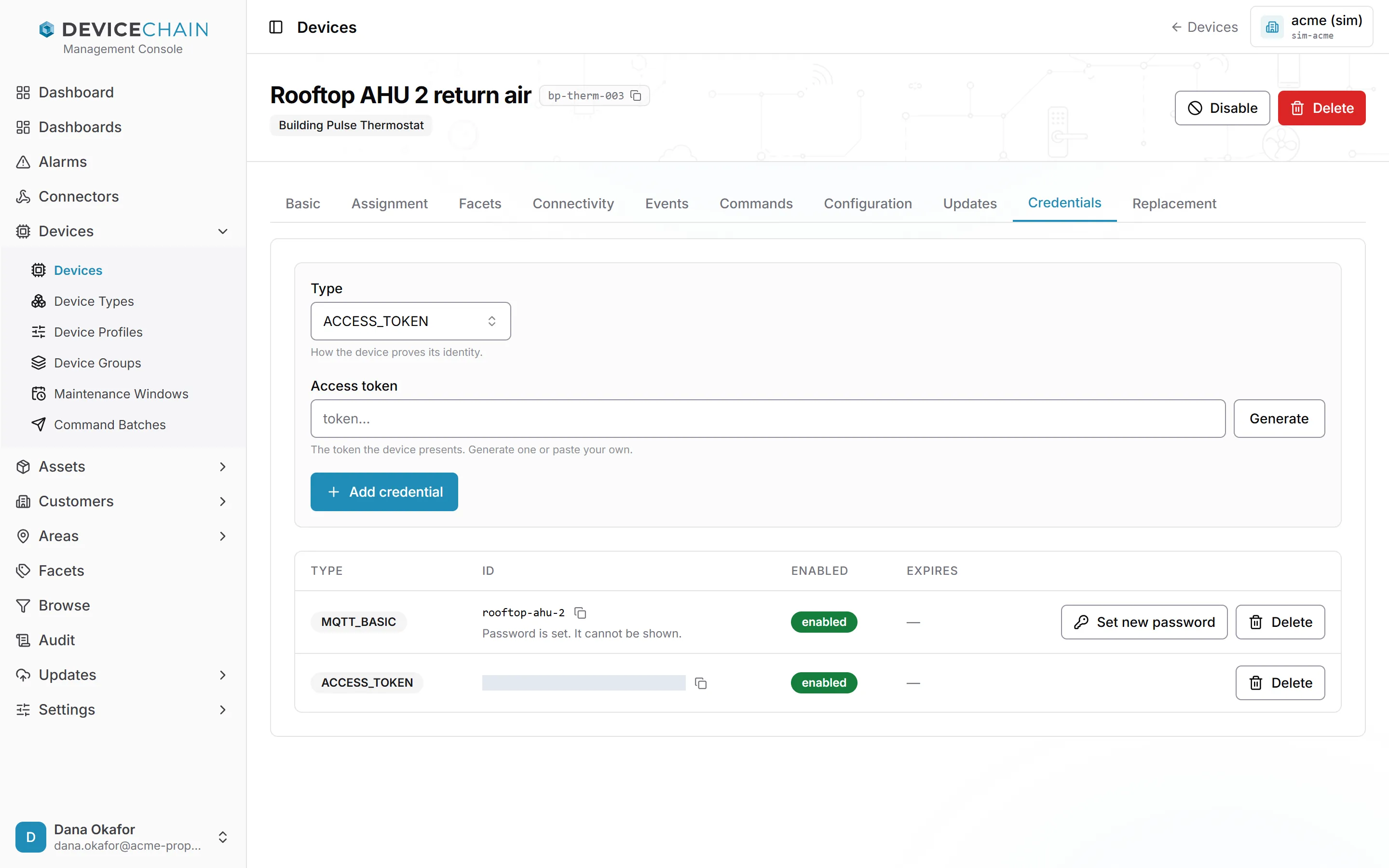 The Credentials tab for Rooftop AHU 2 return air. At the top, a form with a Type picker set to ACCESS_TOKEN, an Access token field with a Generate button, and an Add credential button. Below, a table lists two credentials: MQTT_BASIC with the id rooftop-ahu-2 and the note 'Password is set. It cannot be shown.', enabled, with Set new password and Delete buttons; and ACCESS_TOKEN, whose id is hidden in this screenshot, enabled, with a Delete button.