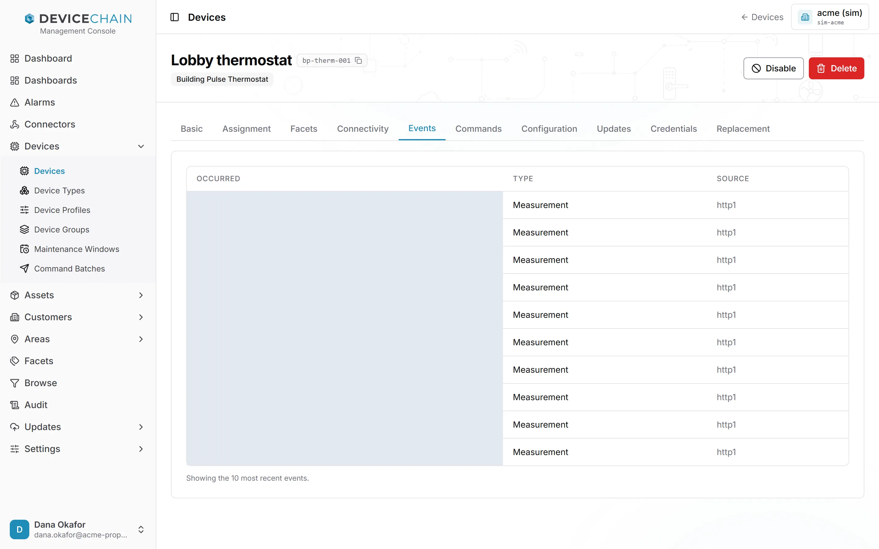 The Events tab: a table with the columns Occurred, Type and Source. Ten rows each show the type Measurement and the source http1, with the times hidden in this screenshot. Below it reads 'Showing the 10 most recent events.'