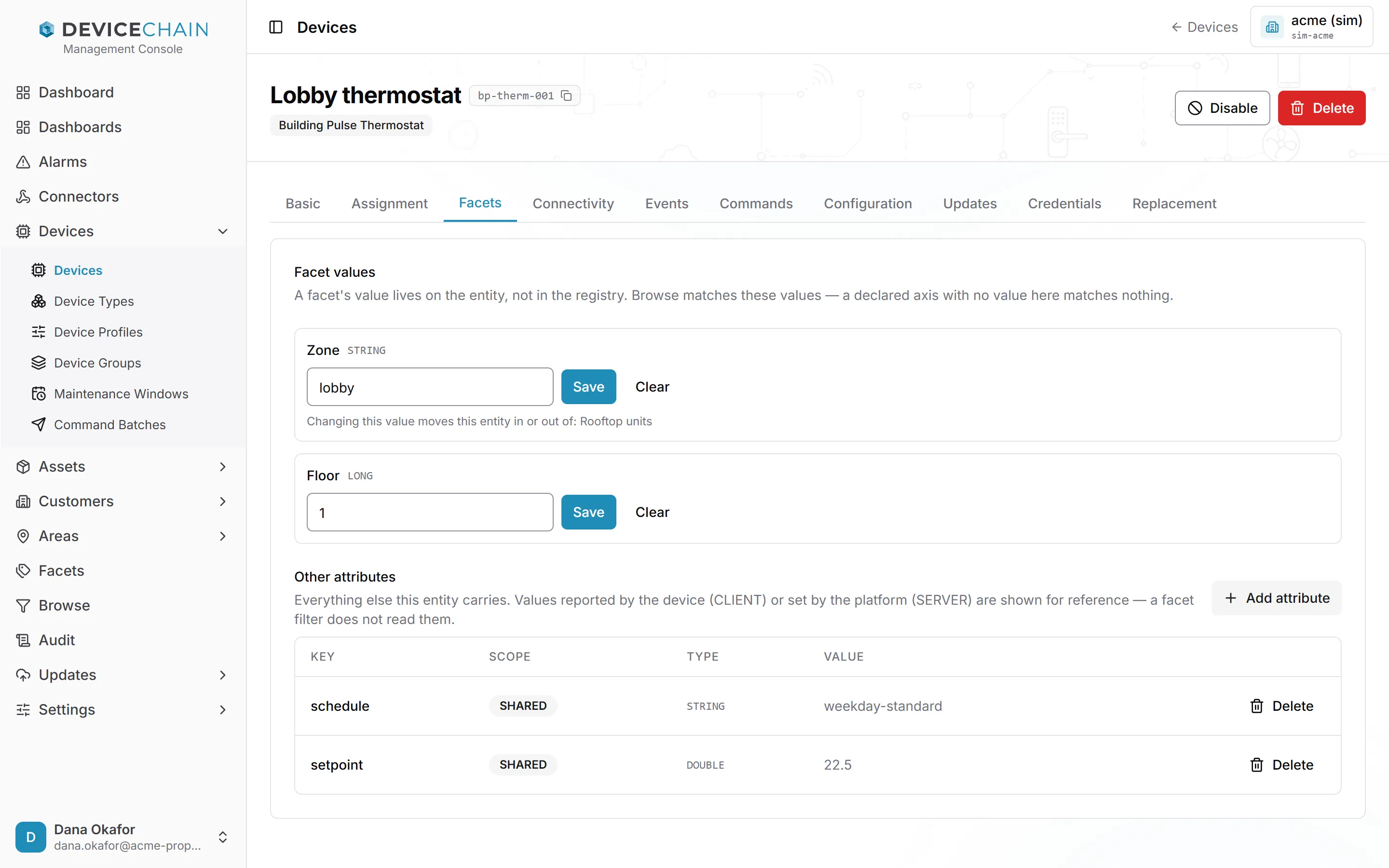 The Facets tab. Under 'Facet values' are two facets, Zone (STRING) set to lobby and Floor (LONG) set to 1, each with Save and Clear buttons. Under Zone is the note 'Changing this value moves this entity in or out of: Rooftop units'. Below, 'Other attributes' lists schedule (SHARED, STRING, weekday-standard) and setpoint (SHARED, DOUBLE, 22.5), each with a Delete button, and an Add attribute button.