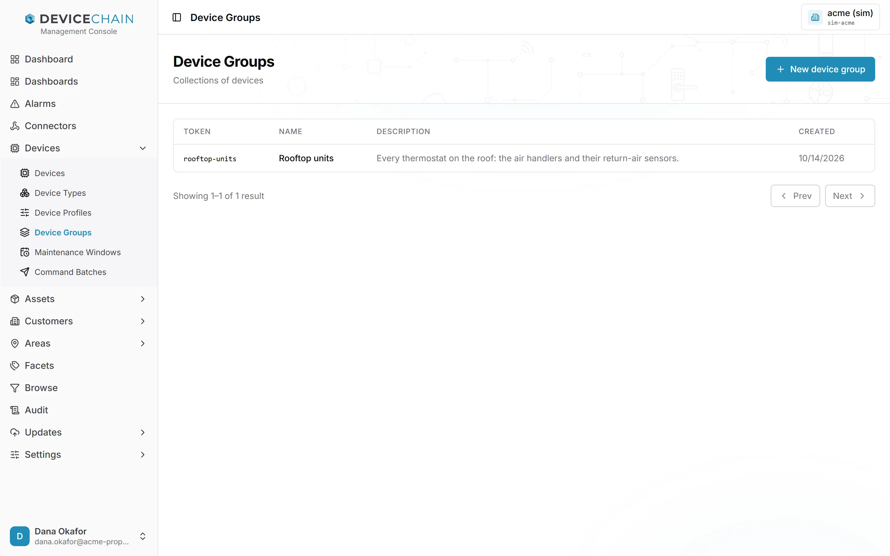 The Device Groups list under the Devices menu, with one group, rooftop-units, named Rooftop units and described as every thermostat on the roof. A New device group button is at the top right.