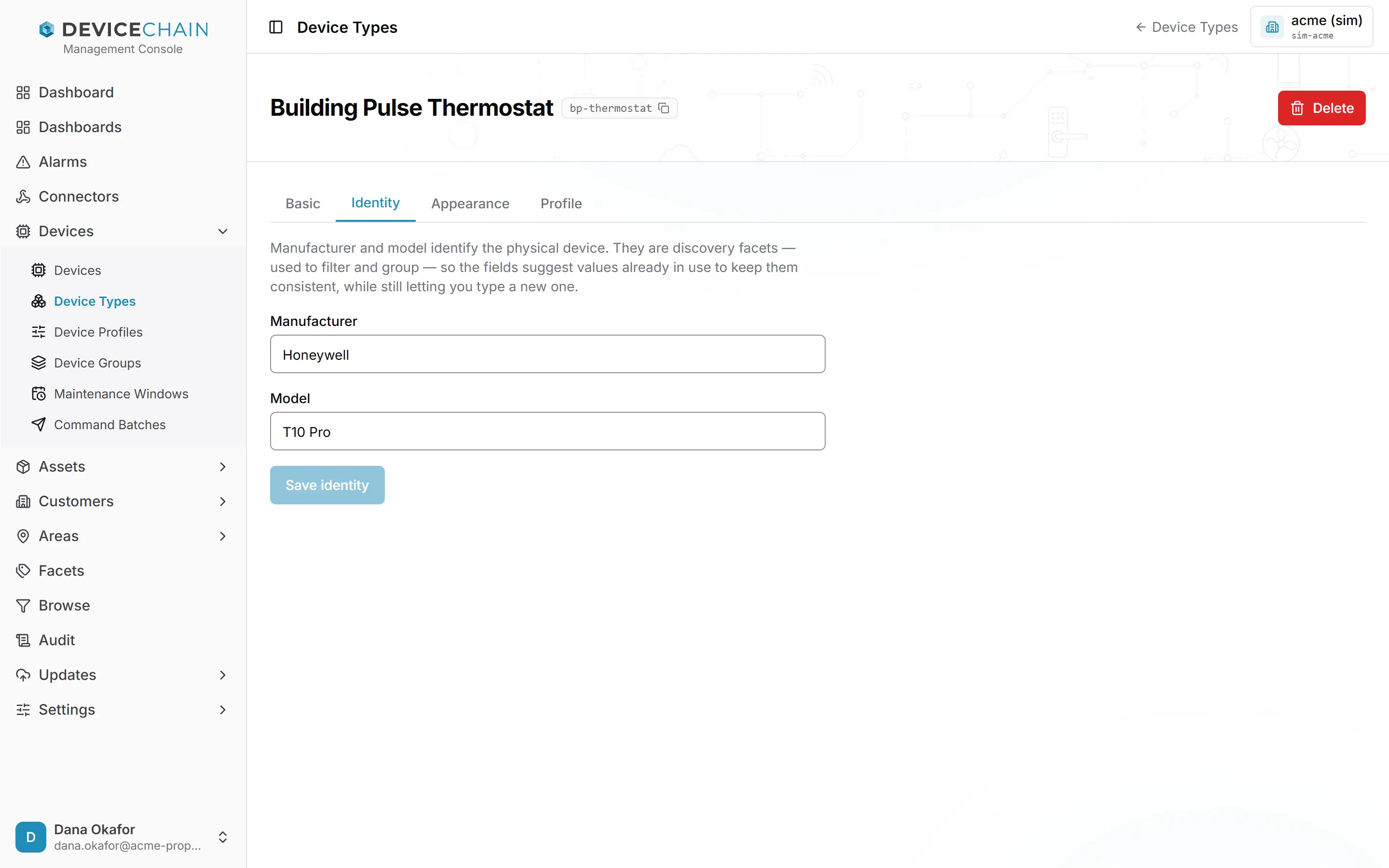 The device type page for Building Pulse Thermostat, token bp-thermostat, with the tabs Basic, Identity, Appearance and Profile. The Identity tab is open. Its explanation says manufacturer and model are discovery facets used to filter and group. Below are empty Manufacturer and Model fields showing the example values Acme Corp and TS-100, and a disabled Save identity button.