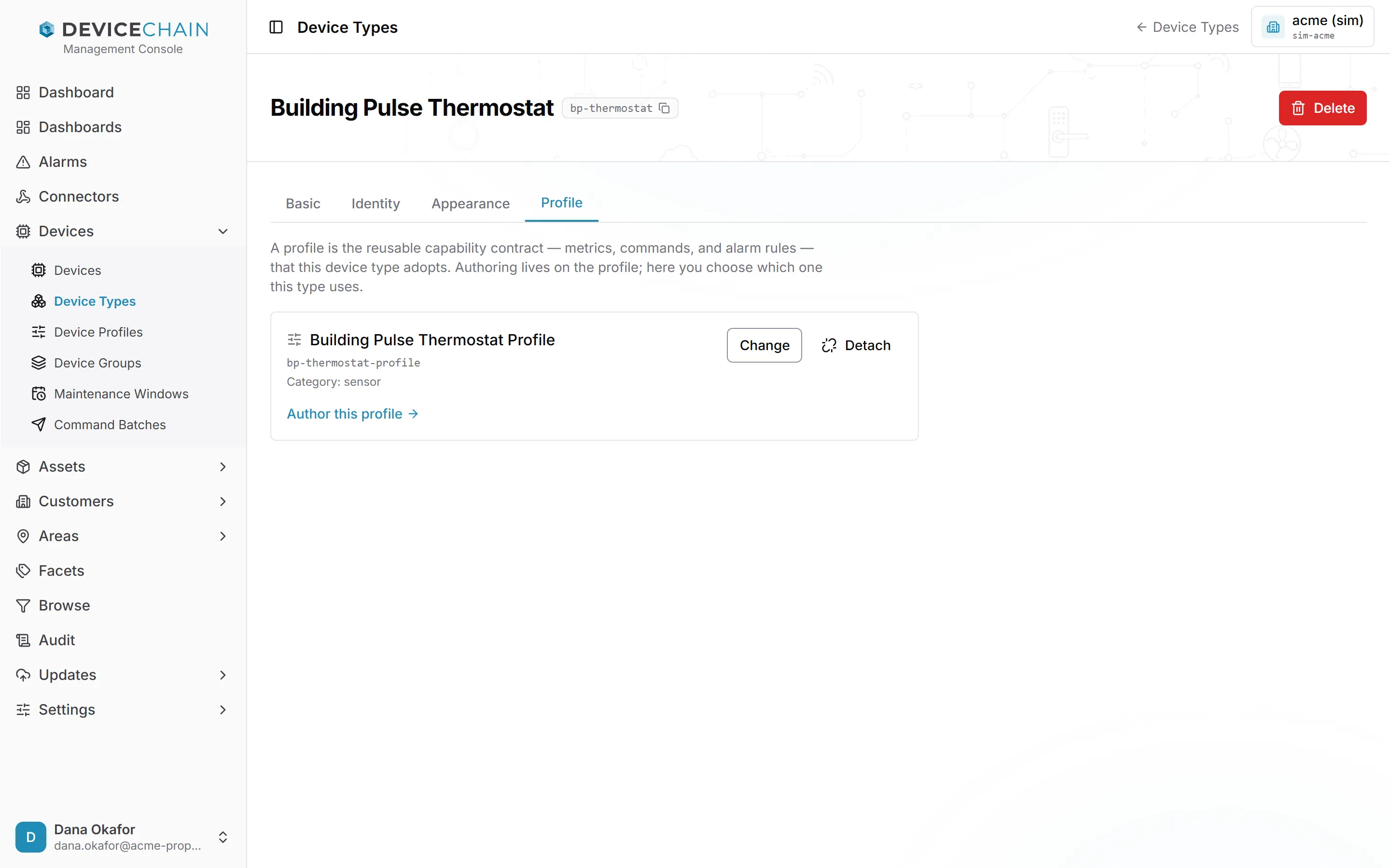 The Profile tab. Its explanation reads 'A profile is the reusable capability contract — metrics, commands, and alarm rules — that this device type adopts. Authoring lives on the profile; here you choose which one this type uses.' A card shows the attached profile, Building Pulse Thermostat Profile, token bp-thermostat-profile, Category: sensor, with Change and Detach buttons and an 'Author this profile' link.