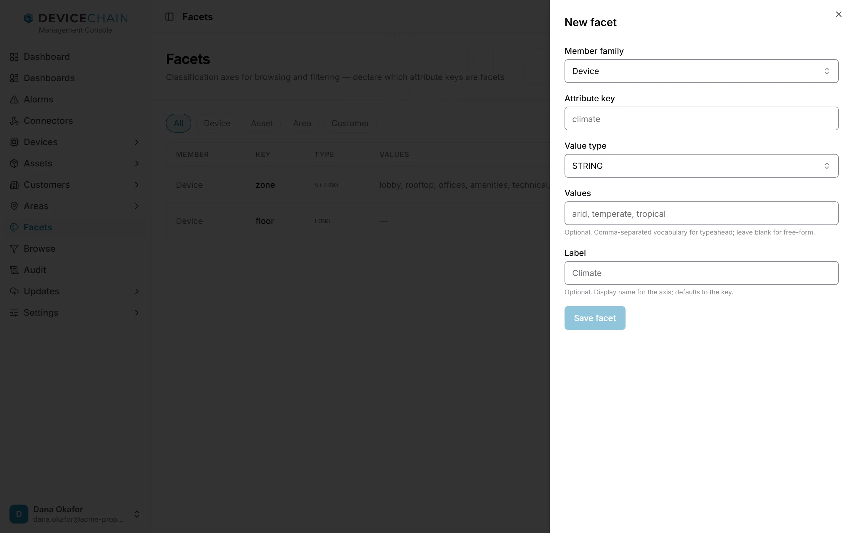 The New facet drawer with the fields Member family set to Device, Attribute key with the placeholder climate, Value type set to STRING, Values with the placeholder arid, temperate, tropical, and Label, followed by a Save facet button.