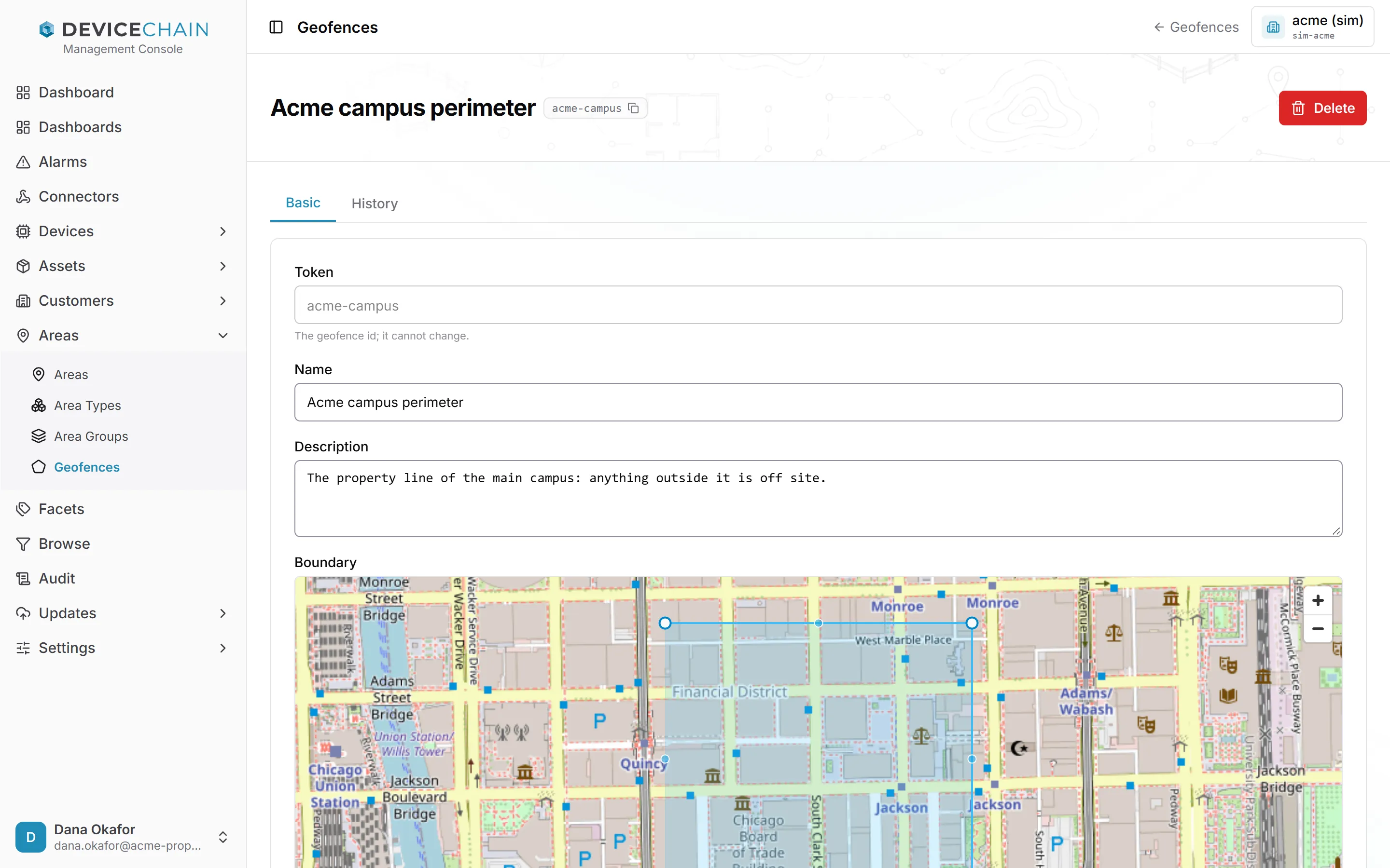 The detail page of the Acme campus perimeter fence, on the Basic tab. The read-only Token, the Name and the Description are above a street map of downtown Chicago, with the fence's outline, its top corners and the handles on its edges drawn on it.