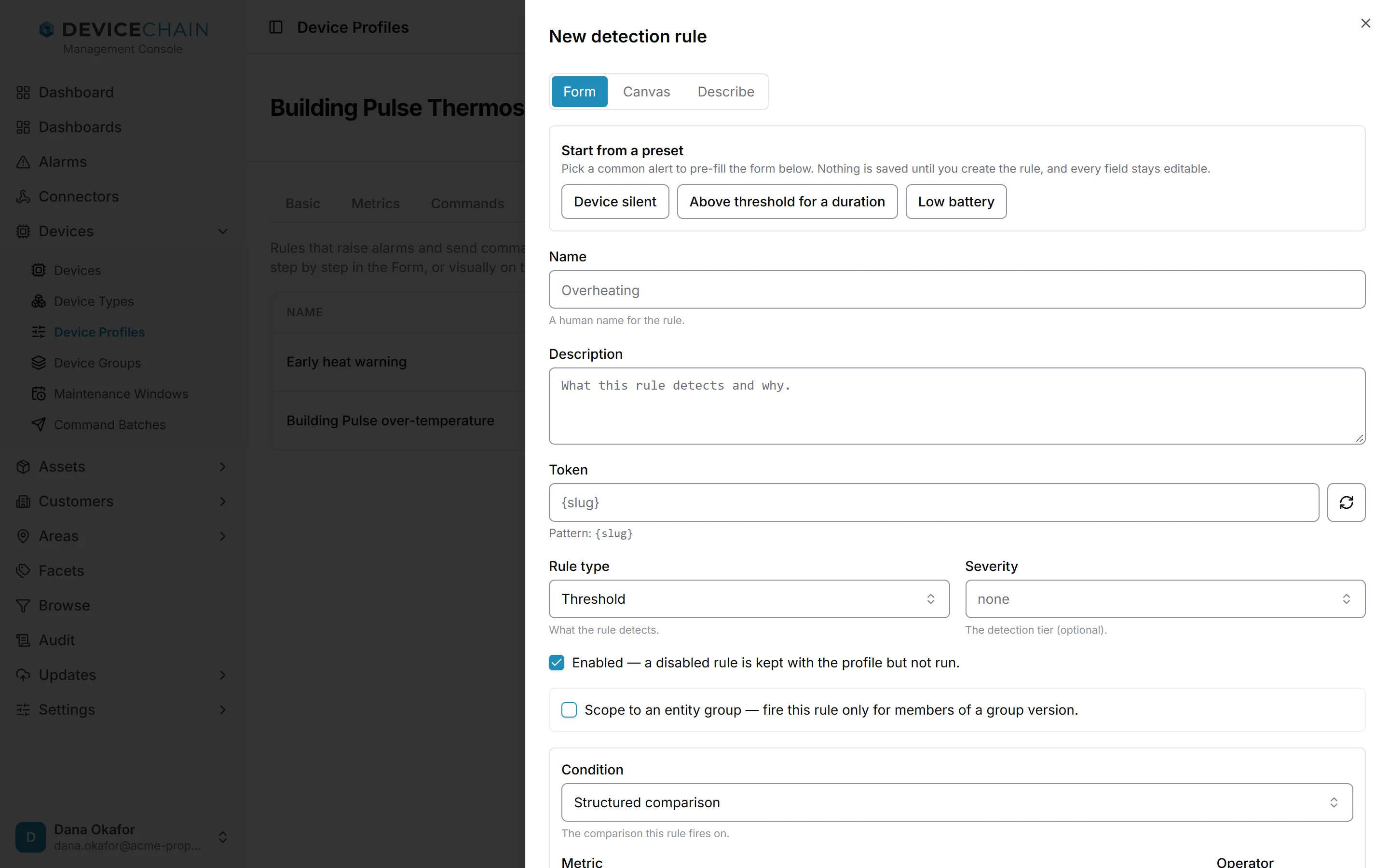 The New detection rule drawer in Form mode. At the top, a Start from a preset box offers Device silent, Above threshold for a duration and Low battery. Below are the Name, Description and Token fields, Rule type set to Threshold, Severity set to none, an Enabled checkbox, a Scope to an entity group checkbox, and the Condition section.