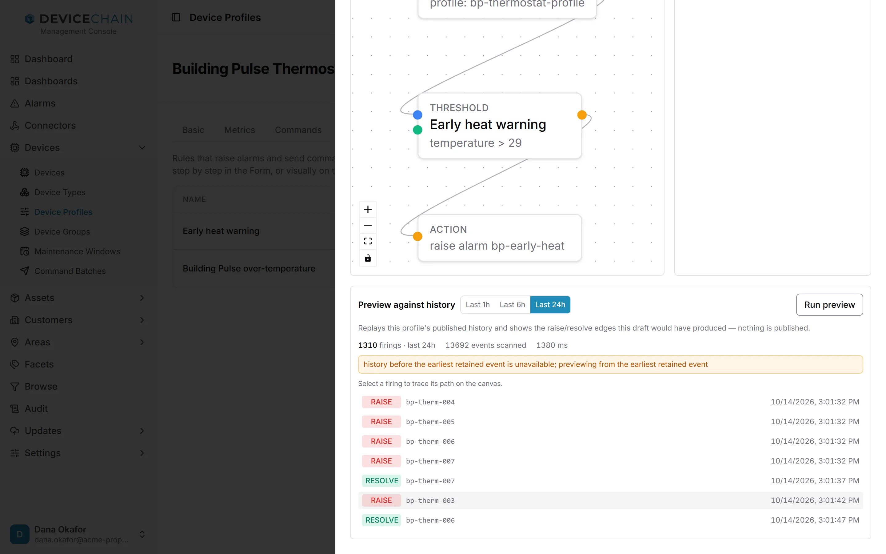 The Preview against history panel under the canvas, with the Last 24h window selected. It reports 157 firings in the last 24 hours, 1620 events scanned and 75 ms, a notice that history before the earliest retained event is unavailable, and a list of RAISE and RESOLVE rows for thermostats bp-therm-003 to bp-therm-007 with their times.