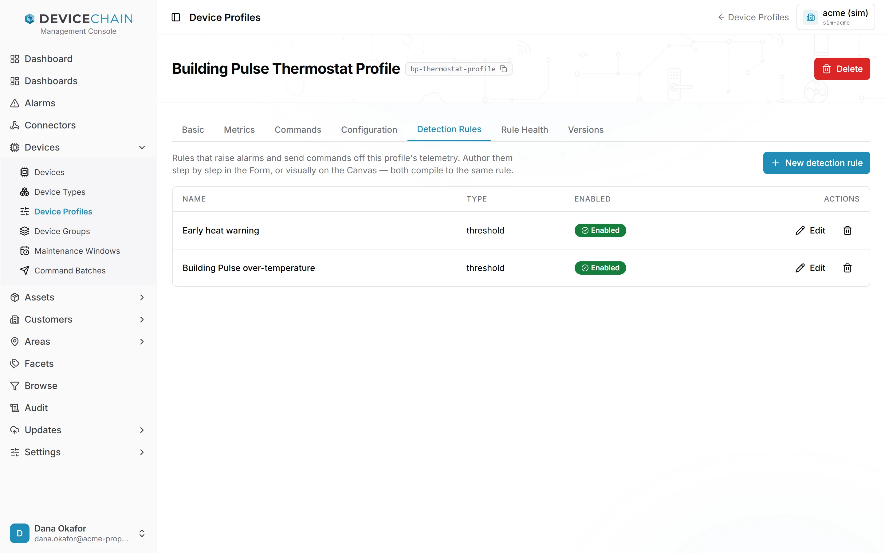 The Detection Rules tab of the Building Pulse Thermostat Profile, listing two enabled threshold rules, Early heat warning and Building Pulse over-temperature, each with Edit and delete actions, and a New detection rule button.