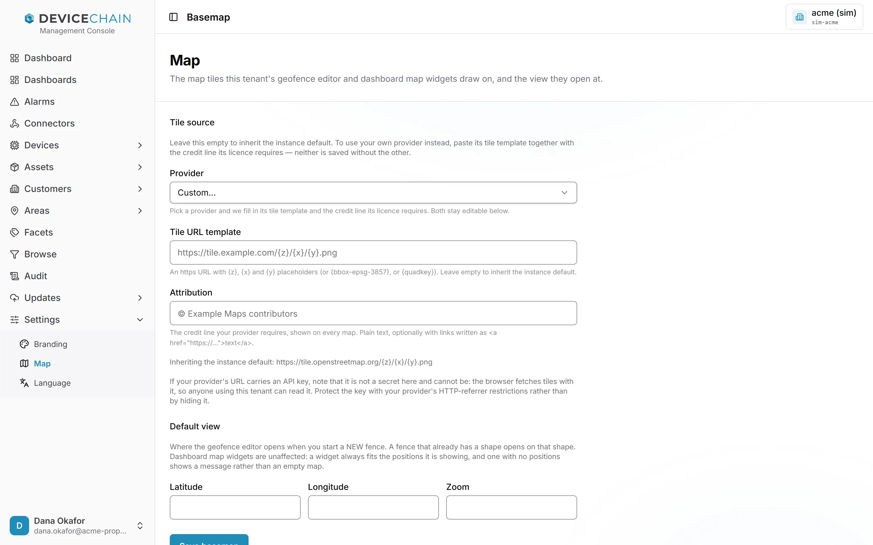The Map page. Under Tile source, a Provider list set to Custom…, a Tile URL template field, an Attribution field, and a line reading Inheriting the instance default: https://tile.openstreetmap.org/{z}/{x}/{y}.png. A note warns that an API key in a tile URL is not a secret. Under Default view are empty Latitude, Longitude and Zoom fields, with a Save basemap button below.