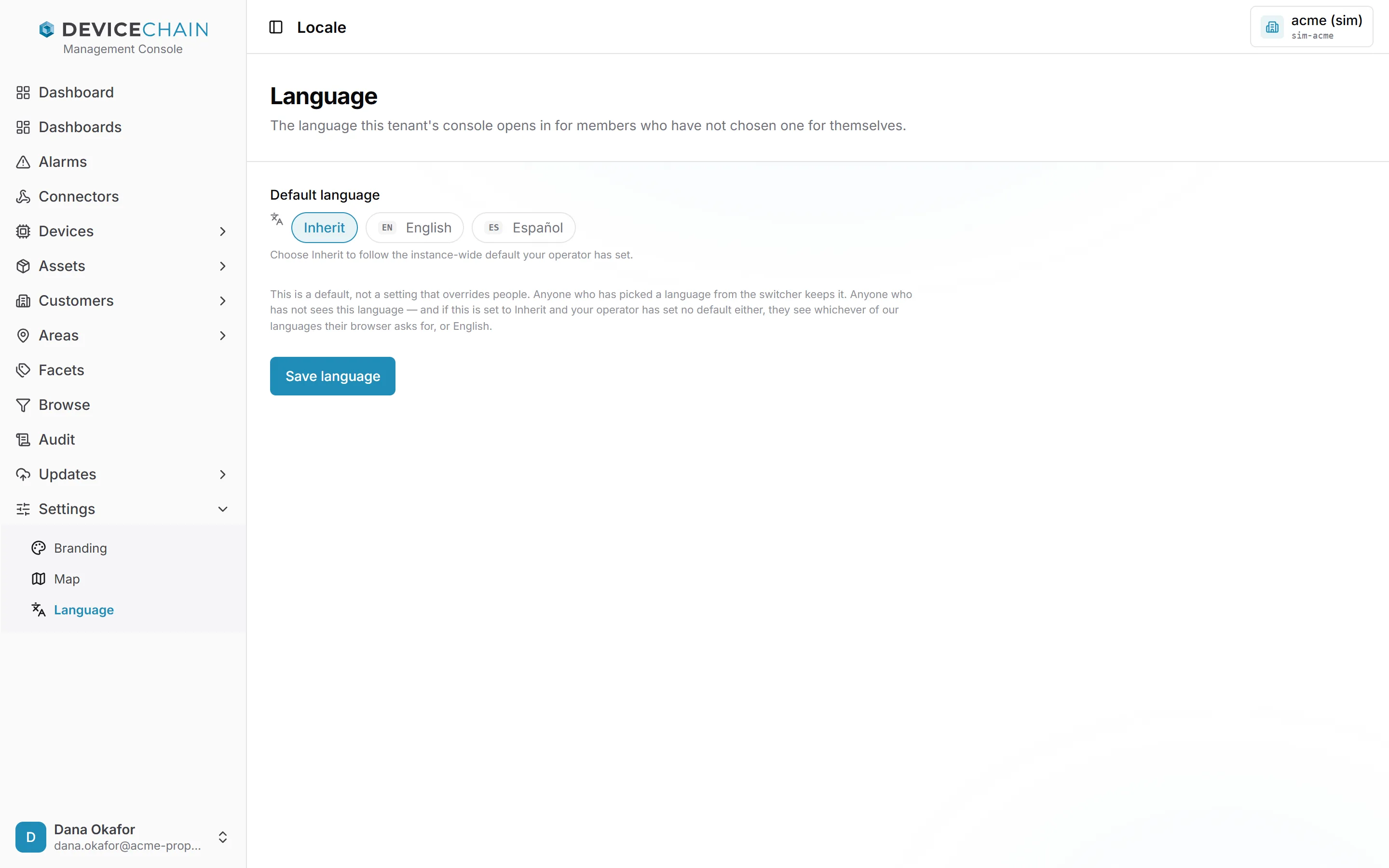 The Language page. Default language offers Inherit (selected), English and Español. A note explains that this is a default, not an override, and a Save language button sits below.