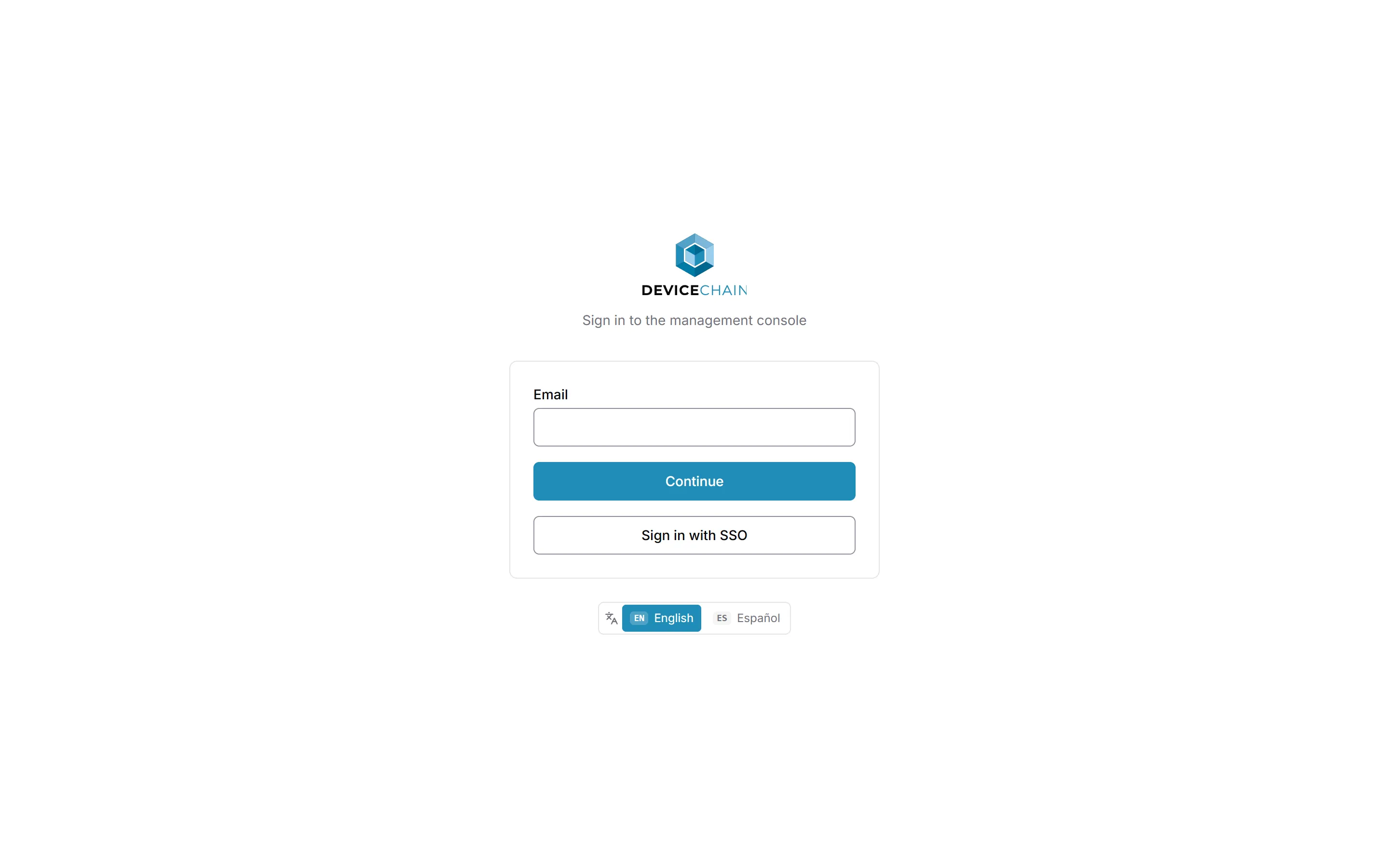 The console sign-in page. Below the DeviceChain logo and the line 'Sign in to the management console' is a card with an Email field, a Continue button and a Sign in with SSO button. A language switcher with English and Español sits under the card.
