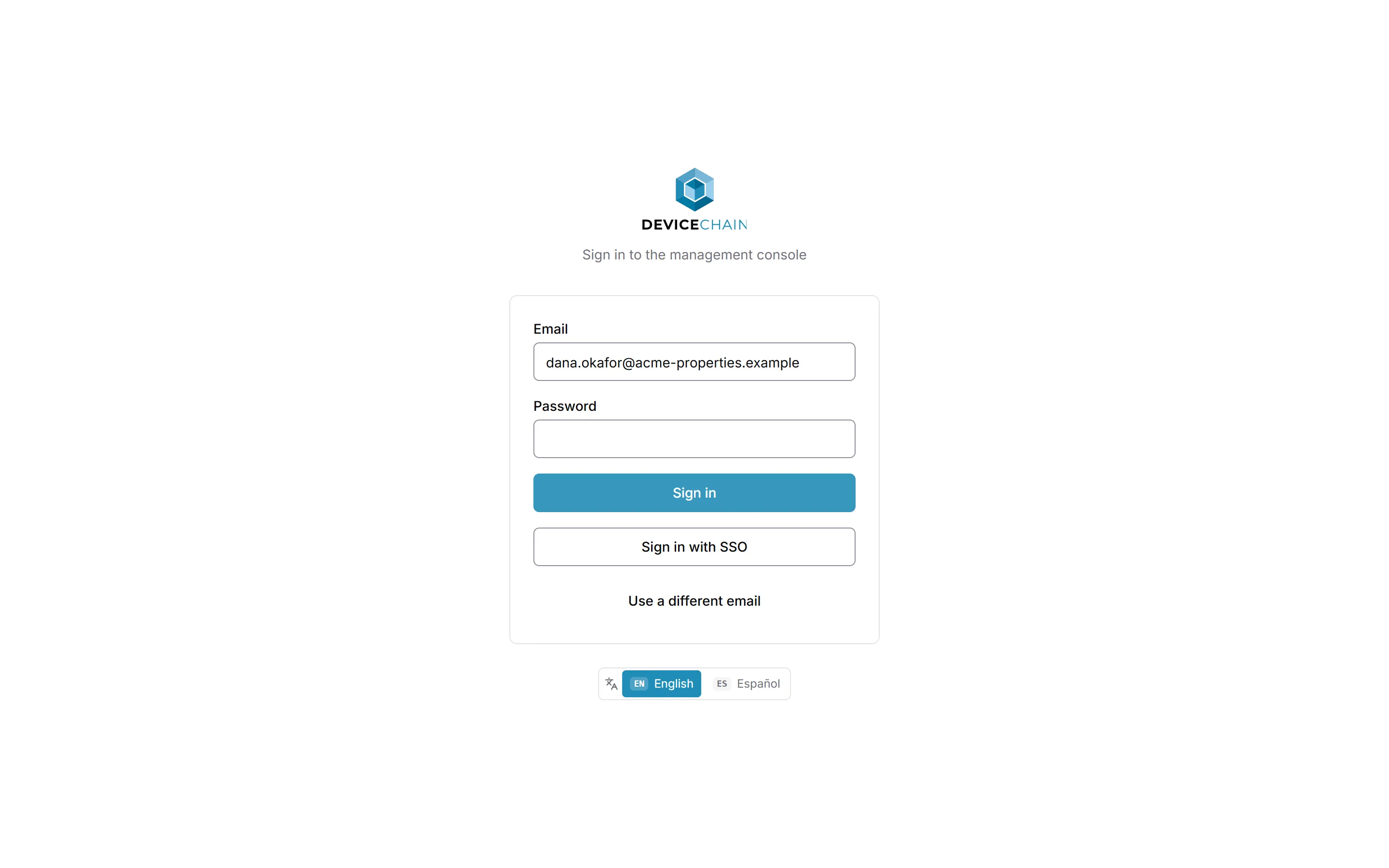 The second sign-in step. The Email field now shows the address that was entered, and below it are an empty Password field, a Sign in button, a Sign in with SSO button and a Use a different email link.