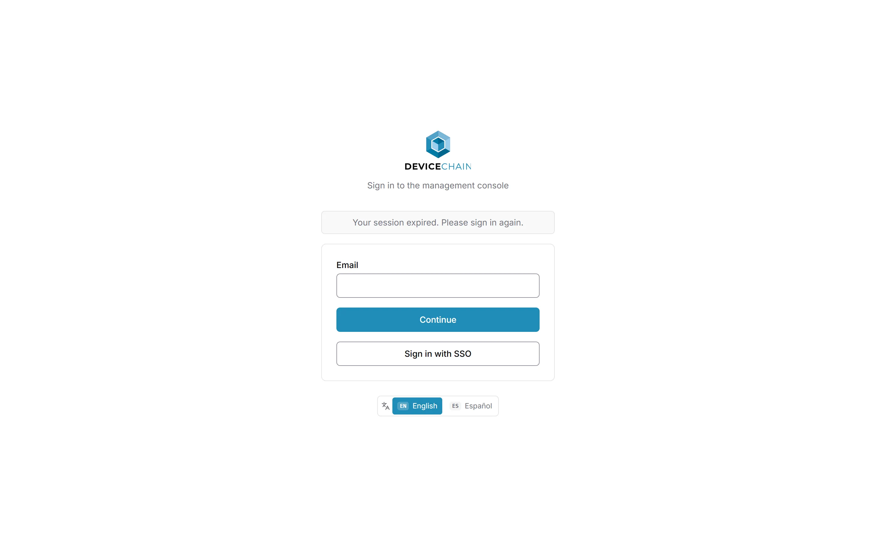The sign-in page with a notice above the card that reads 'Your session expired. Please sign in again.' The Email field is empty.