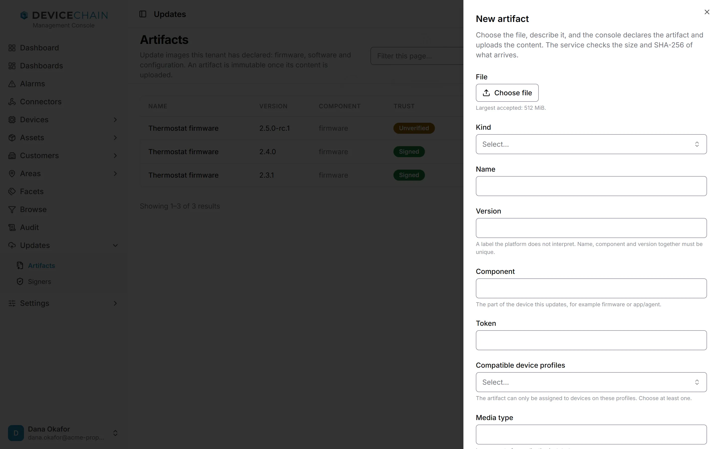 The New artifact drawer. A Choose file button with the note Largest accepted: 512 MiB, then Kind, Name, Version, Component, Token, Compatible device profiles and Media type fields.