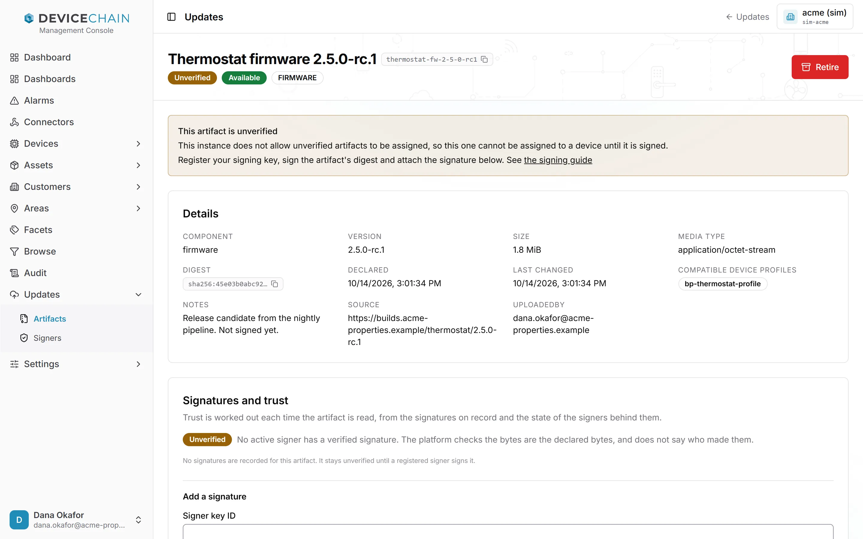 The page of Thermostat firmware 2.5.0-rc.1, with Unverified, Available and FIRMWARE badges. A notice reads: This artifact is unverified. This instance does not allow unverified artifacts to be assigned, so this one cannot be assigned to a device until it is signed. It links to the signing guide.