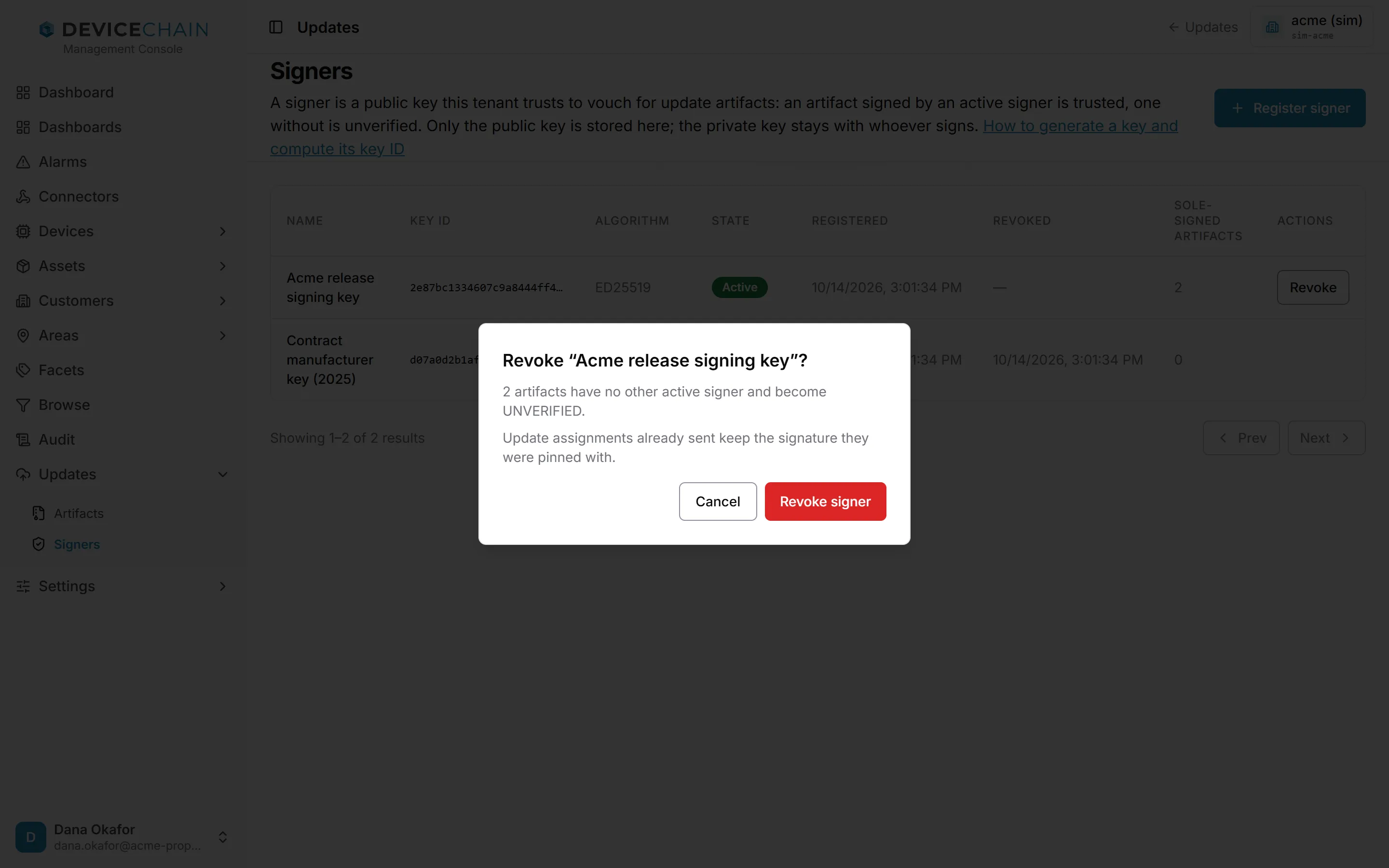 The confirmation dialog Revoke Acme release signing key. It says 2 artifacts have no other active signer and become UNVERIFIED, and that update assignments already sent keep the signature they were pinned with. Cancel and Revoke signer buttons.