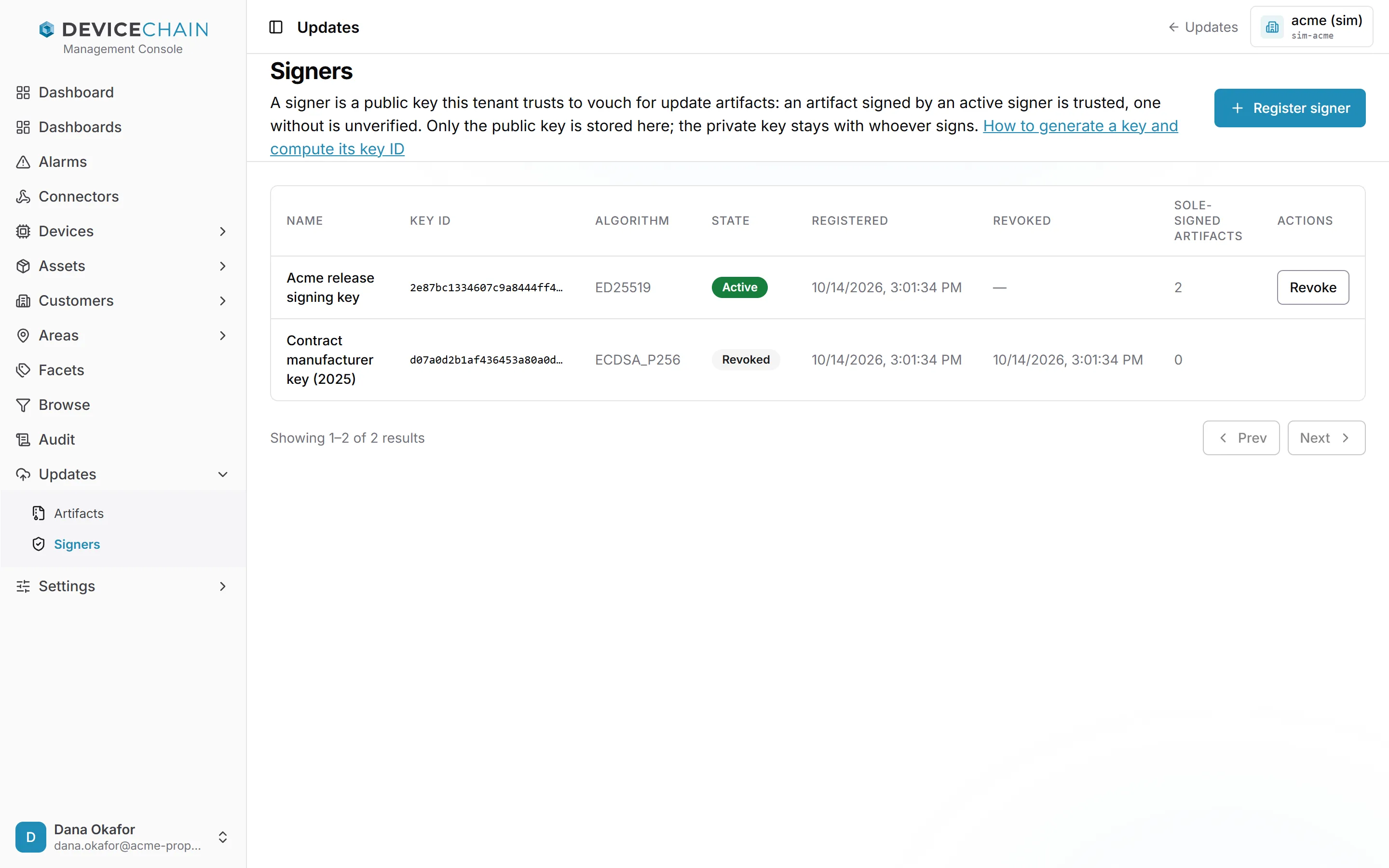 The Signers list with two signers: Acme release signing key, ED25519, Active, with 2 sole-signed artifacts and a Revoke button; and Contract manufacturer key (2025), ECDSA_P256, Revoked, with its revocation time and 0 sole-signed artifacts.