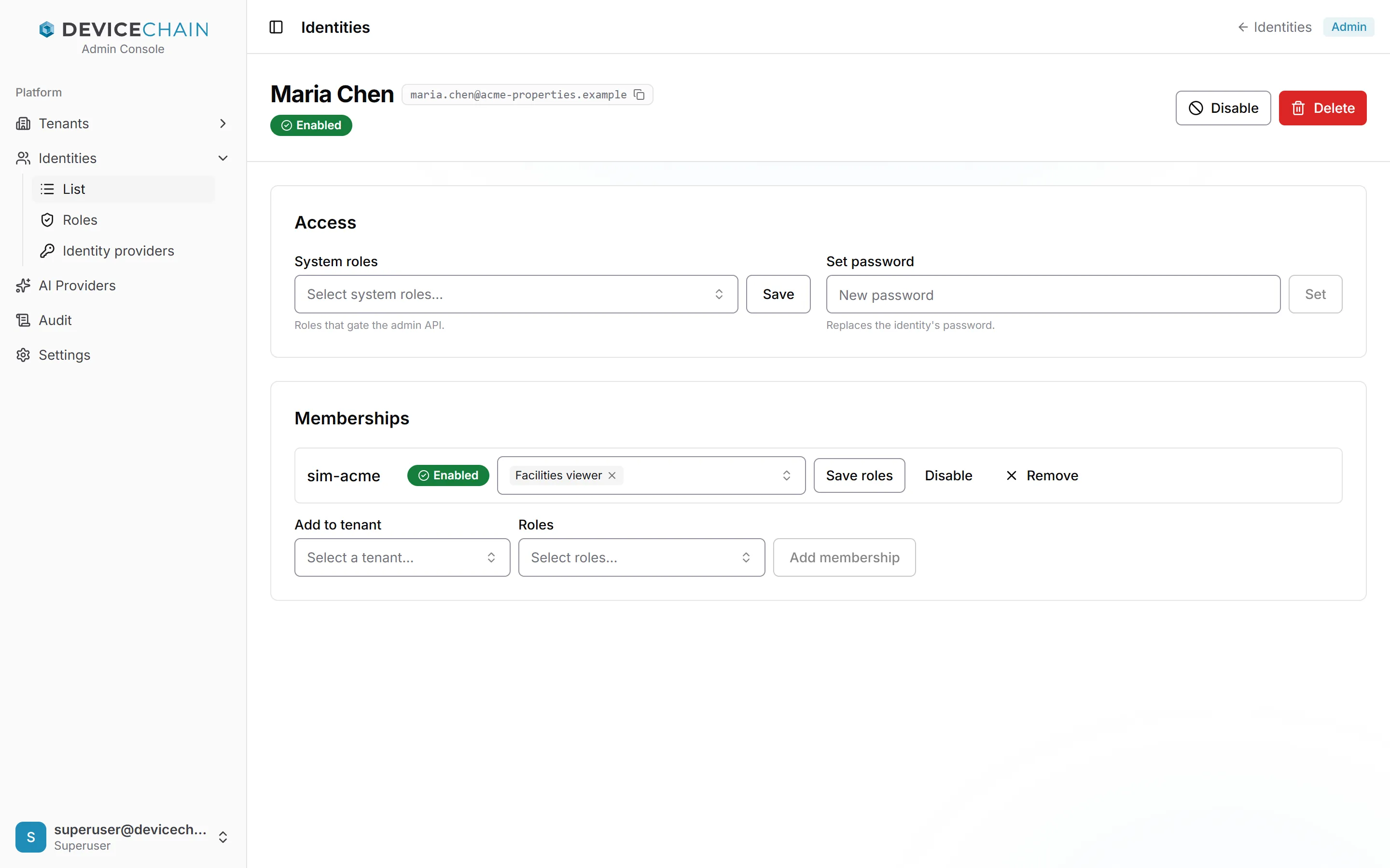 Maria Chen（maria.chen@acme-properties.example）的页面，状态为 Enabled，带有 Disable 和 Delete 按钮。Access 面板包含带 Save 的 System roles 选择器，以及带 Set 的 Set password 字段。Memberships 面板显示 sim-acme，Enabled，角色为 Facilities viewer，以及 Save roles、Disable 和 Remove 按钮。下方是 Add to tenant 和 Roles 选择器以及“Add membership”按钮。